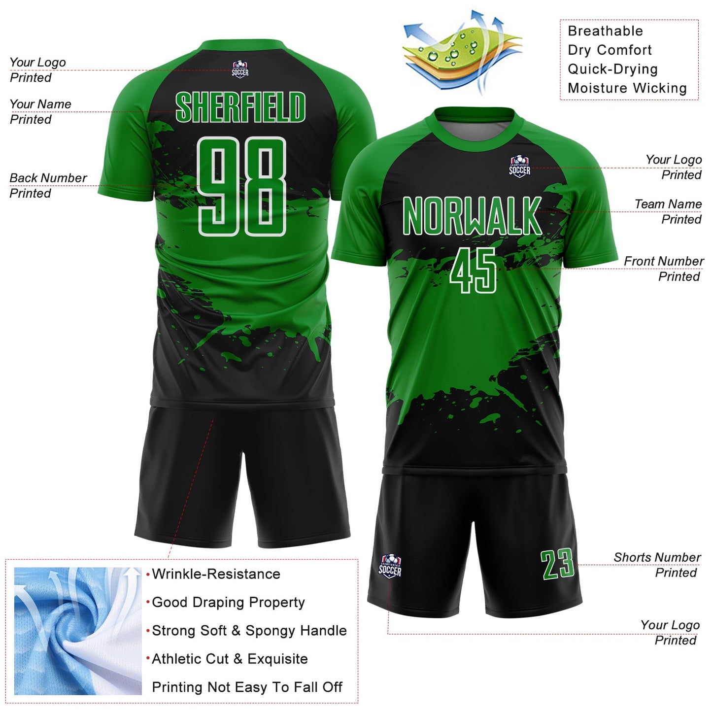 Custom Grass Green Black-White Splash Color Block Sublimation Soccer Uniform Jersey view 4