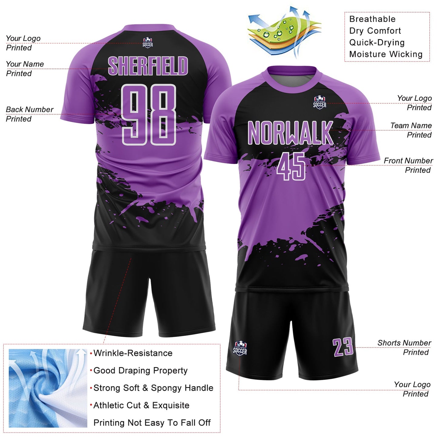 Custom Medium Purple Black-White Splash Color Block Sublimation Soccer Uniform Jersey view 4