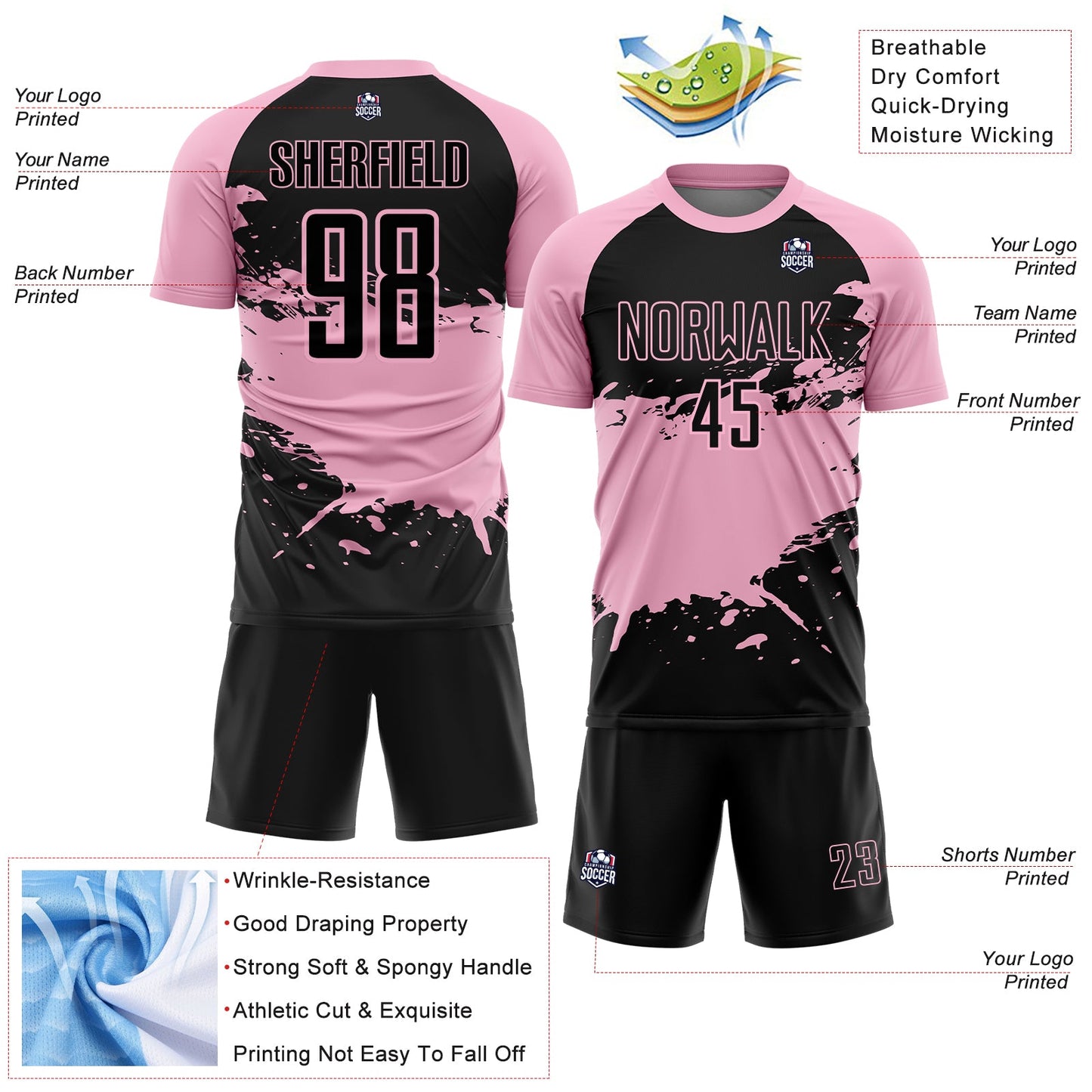 Custom Light Pink-Black Splash Color Block Sublimation Soccer Uniform Jersey view 4