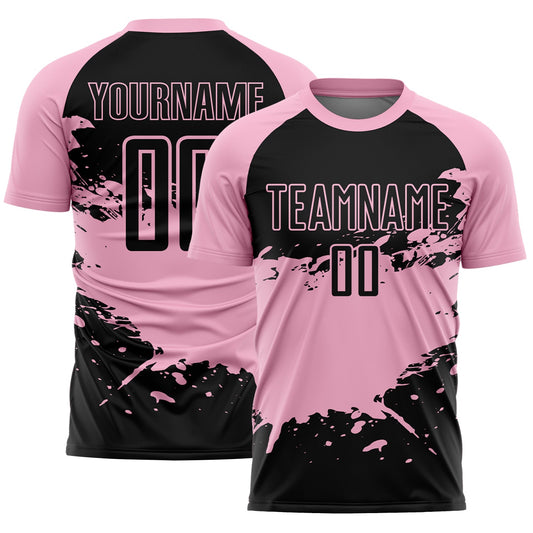 Custom Light Pink-Black Splash Color Block Sublimation Soccer Uniform Jersey - Main View