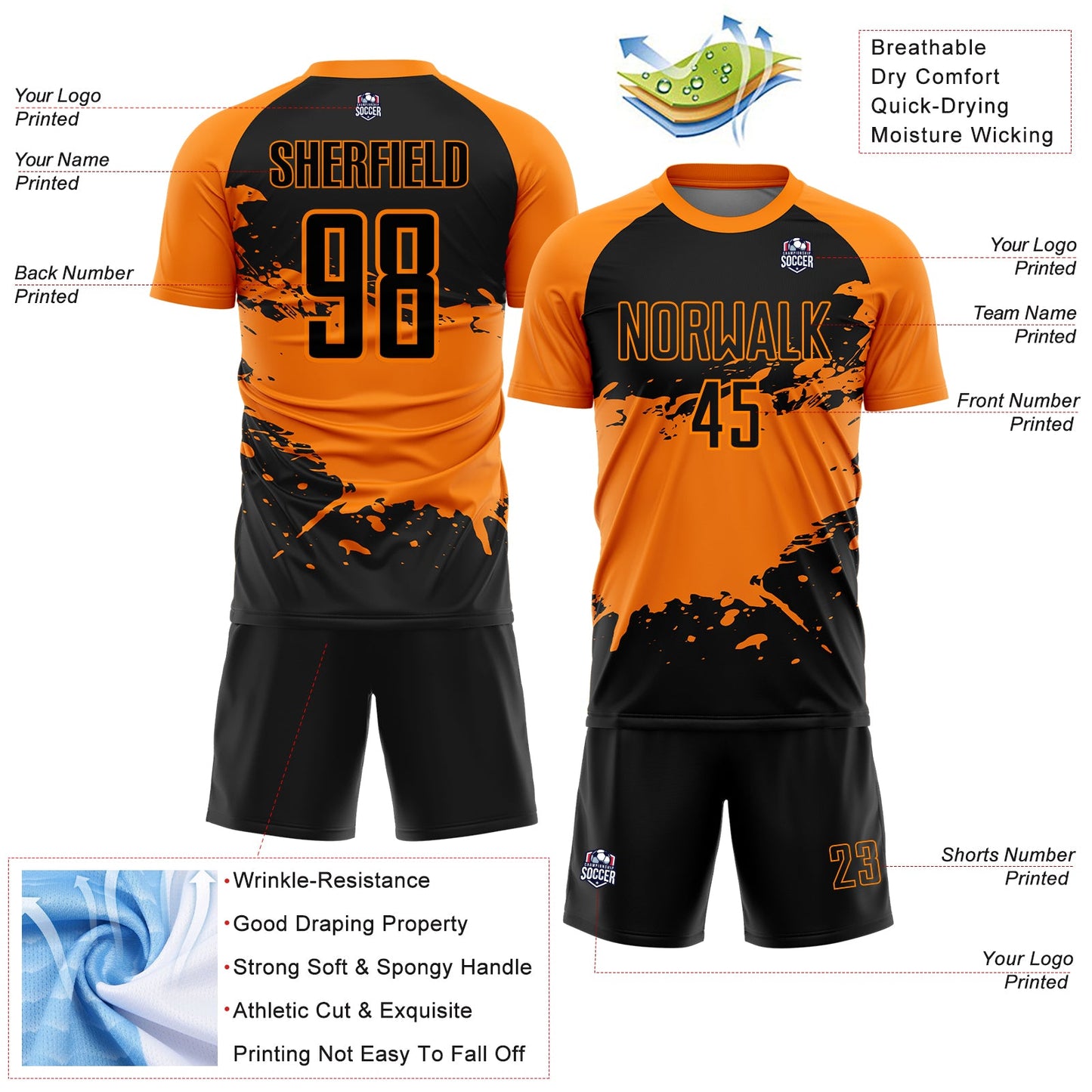 Custom Bay Orange-Black Splash Color Block Sublimation Soccer Uniform Jersey view 4