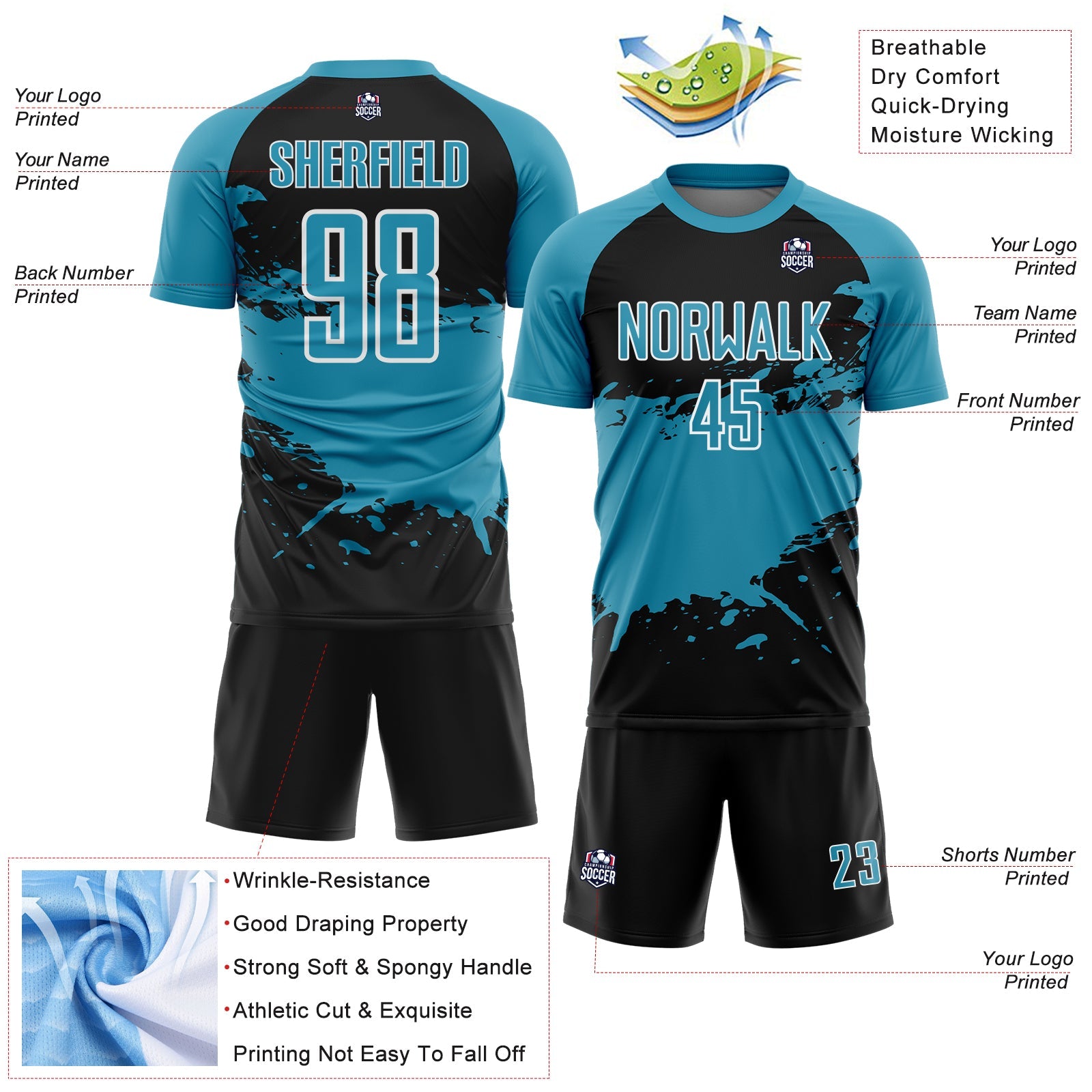 Custom Panther Blue Black-White Splash Color Block Sublimation Soccer Uniform Jersey view 4