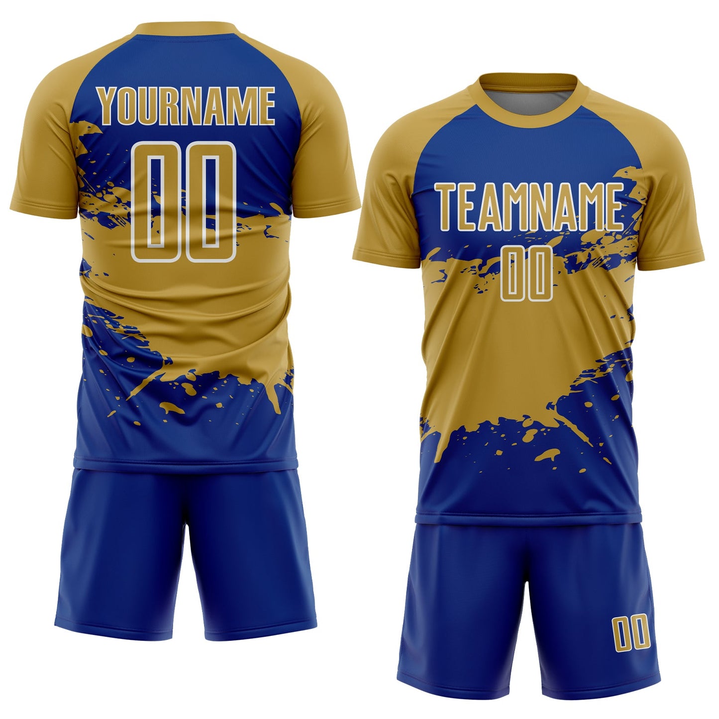Custom Old Gold Royal-White Splash Color Block Sublimation Soccer Uniform Jersey view 2
