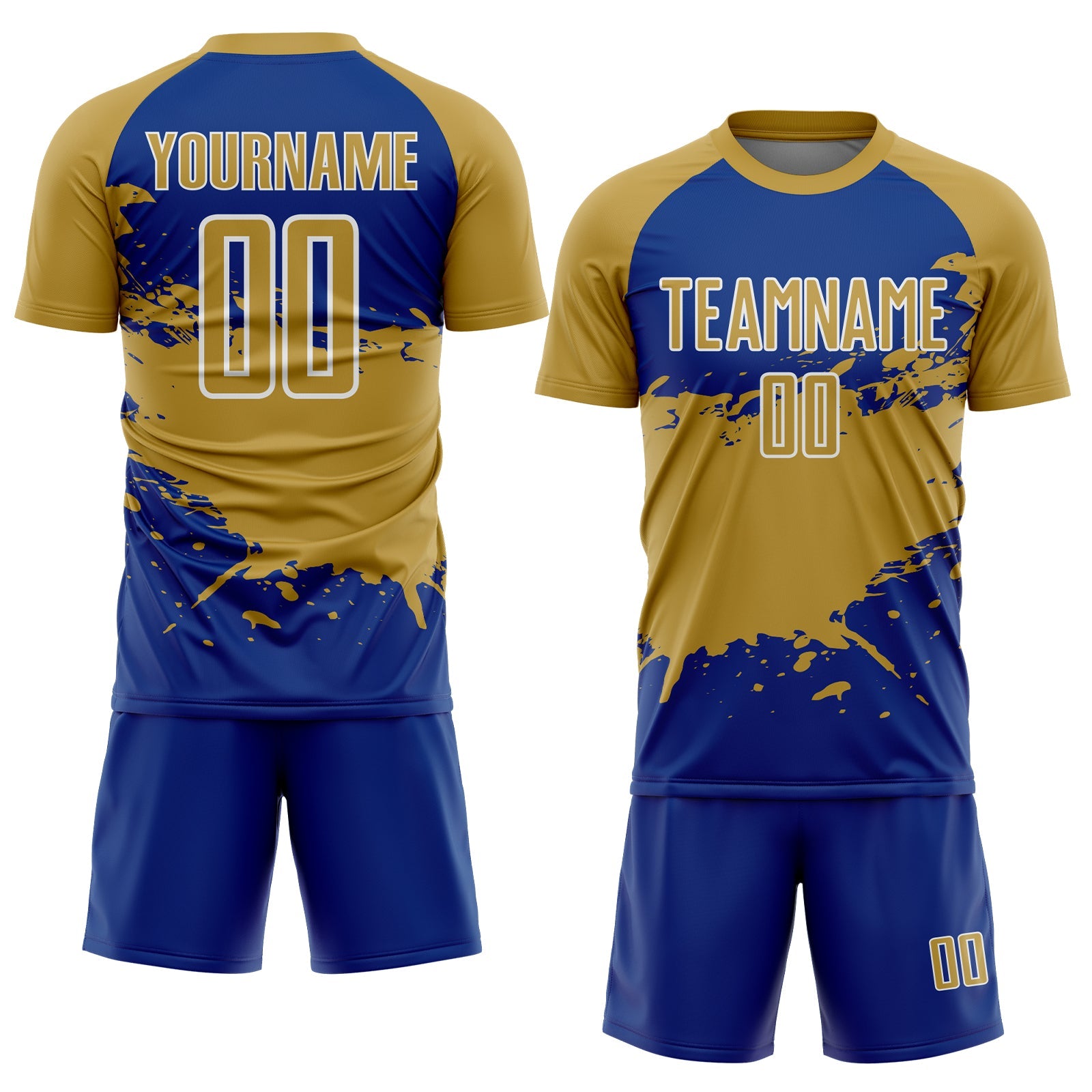 Custom Old Gold Royal-White Splash Color Block Sublimation Soccer Uniform Jersey view 2