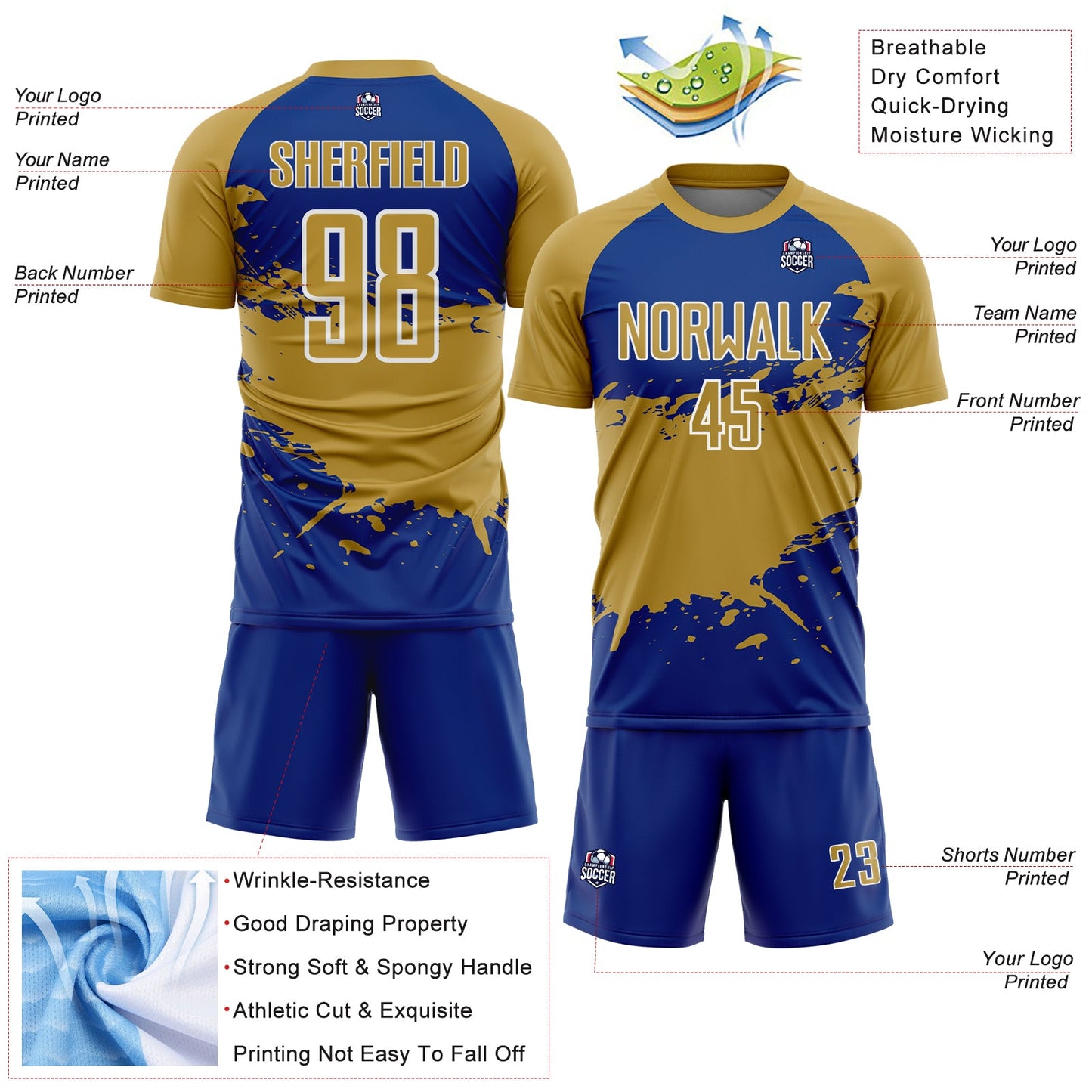 Custom Old Gold Royal-White Splash Color Block Sublimation Soccer Uniform Jersey view 4