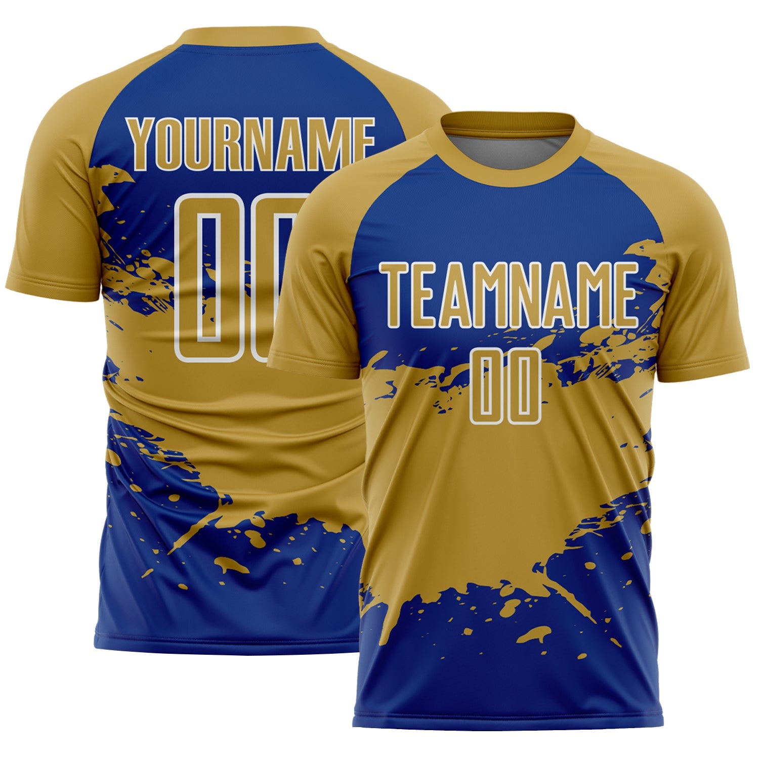 Custom Old Gold Royal-White Splash Color Block Sublimation Soccer Uniform Jersey - Main View