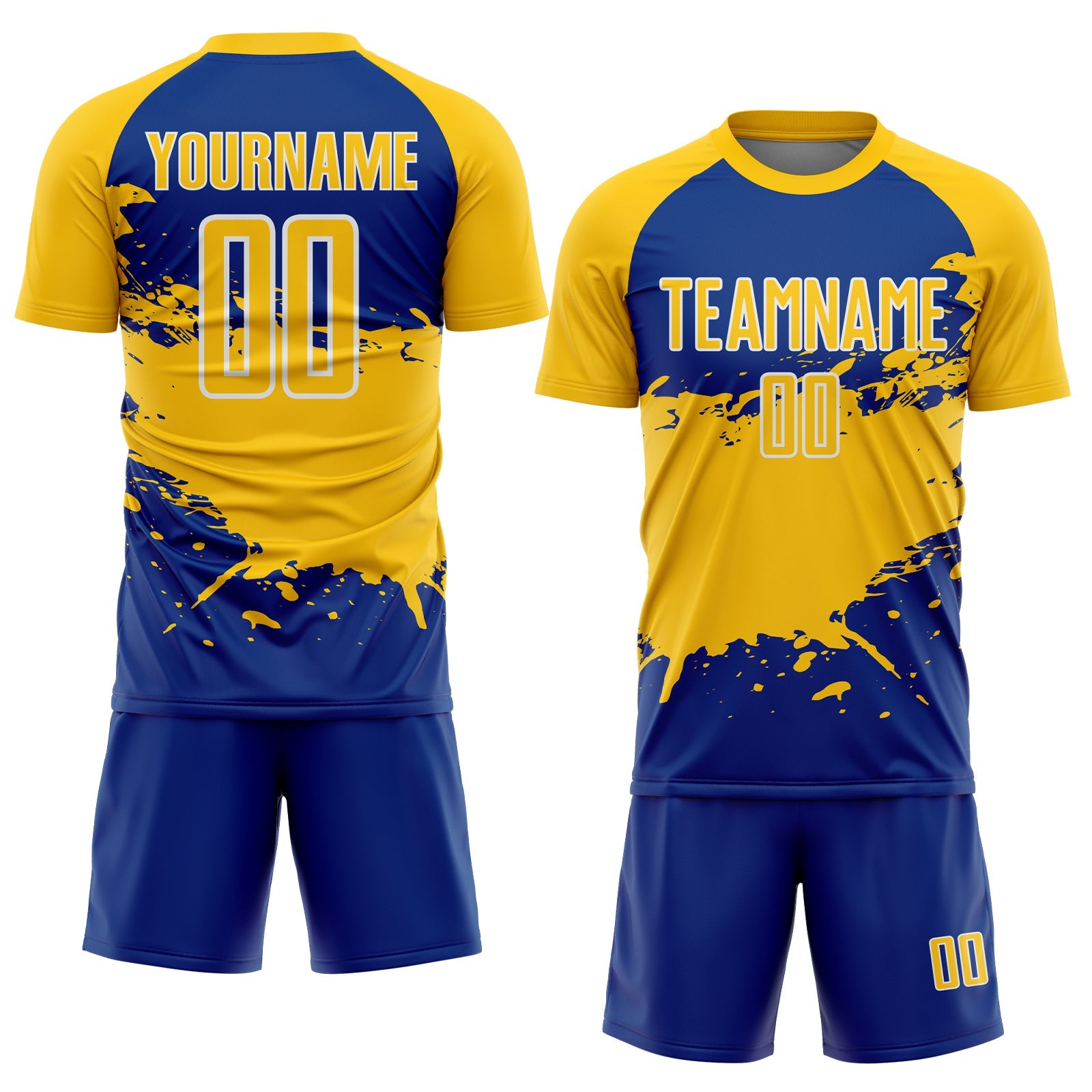 Custom Yellow Royal-White Splash Color Block Sublimation Soccer Uniform Jersey view 2