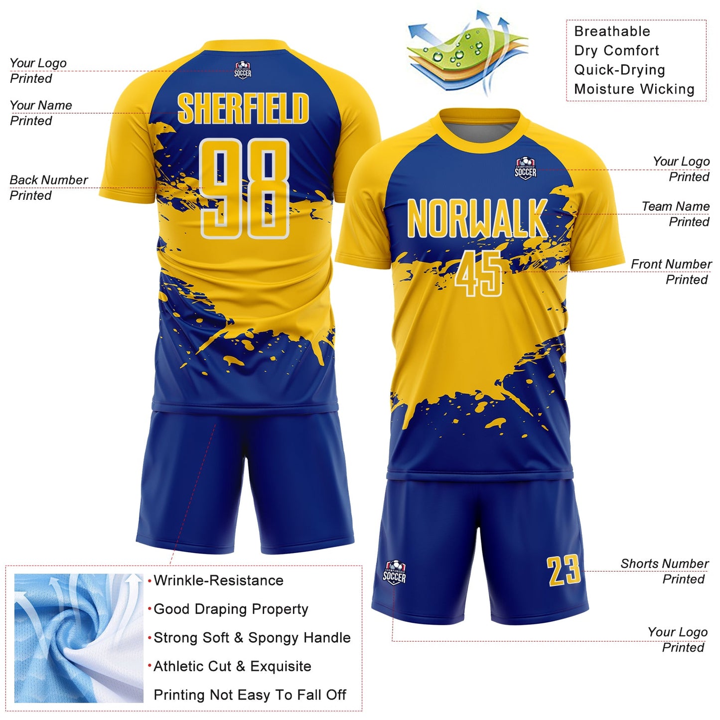 Custom Yellow Royal-White Splash Color Block Sublimation Soccer Uniform Jersey view 4