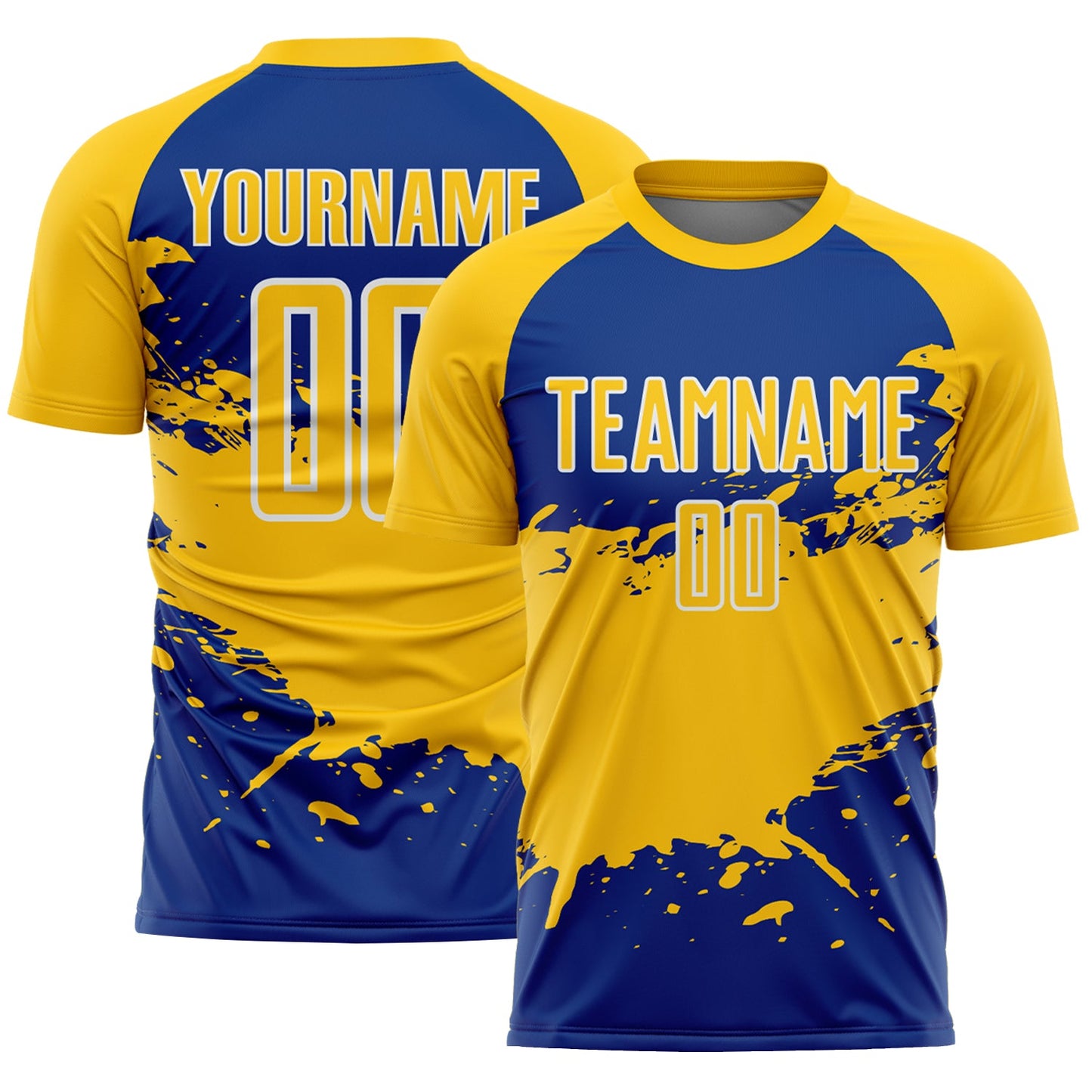Custom Yellow Royal-White Splash Color Block Sublimation Soccer Uniform Jersey - Main View