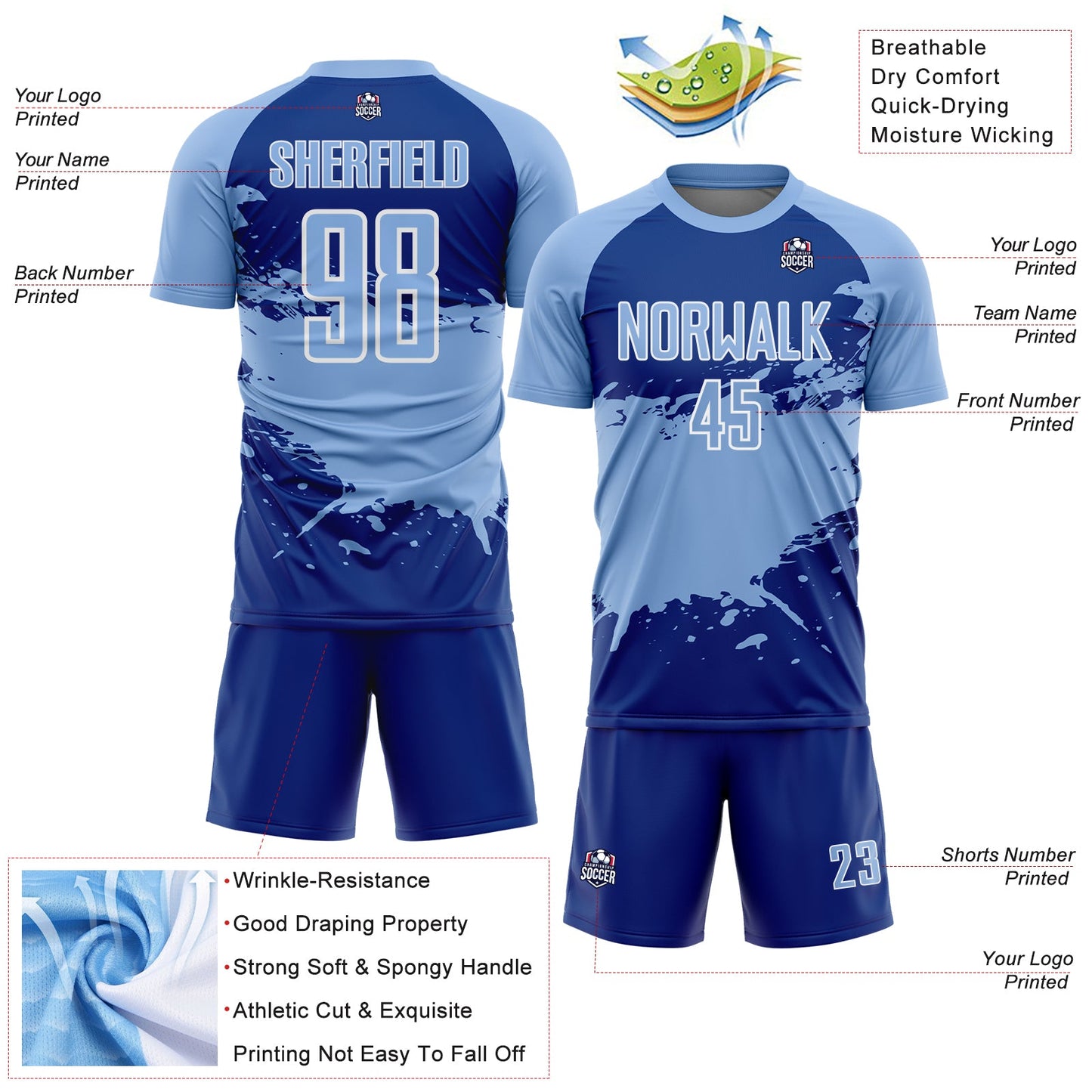 Custom Light Blue Royal-White Splash Color Block Sublimation Soccer Uniform Jersey view 4
