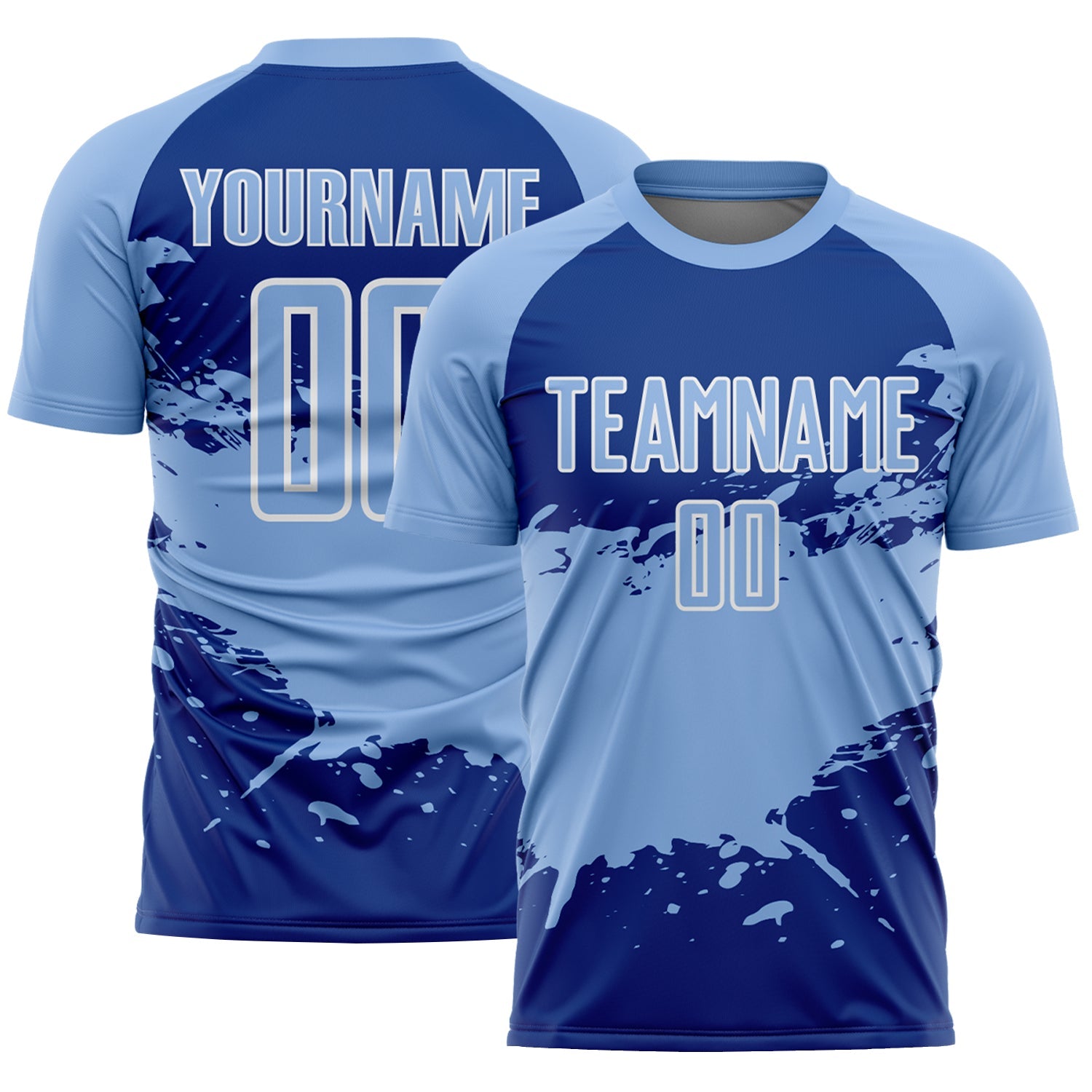 Custom Light Blue Royal-White Splash Color Block Sublimation Soccer Uniform Jersey - Main View
