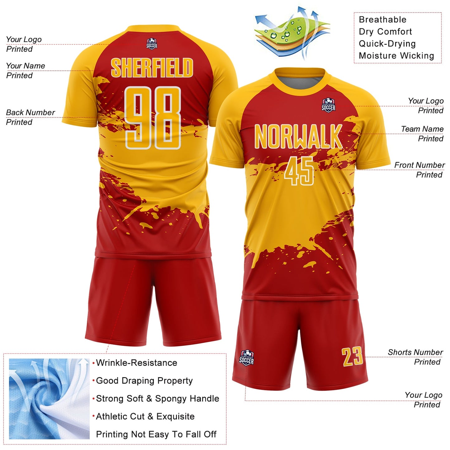 Custom Gold Red-White Splash Color Block Sublimation Soccer Uniform Jersey view 4