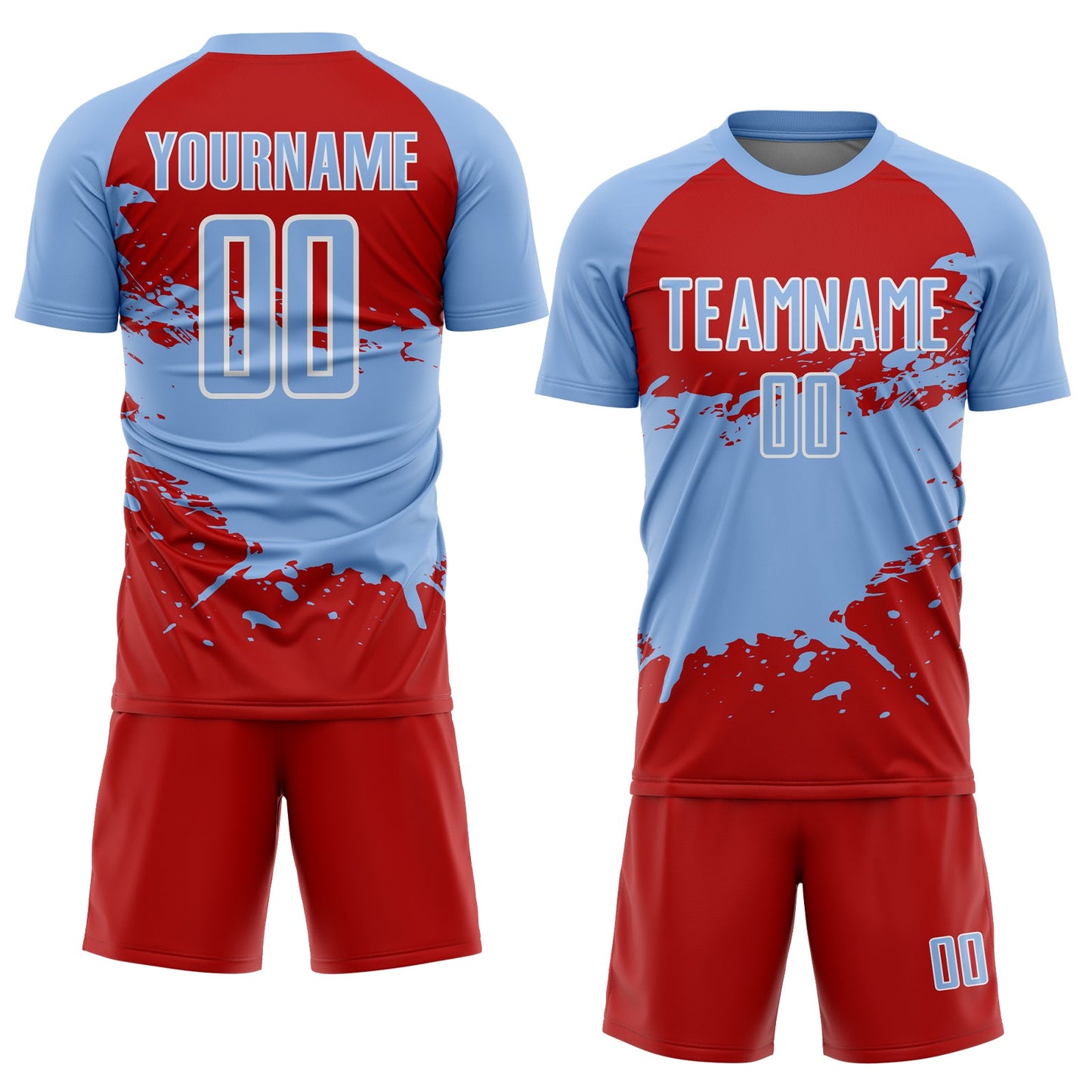 Custom Light Blue Red-White Splash Color Block Sublimation Soccer Uniform Jersey view 2