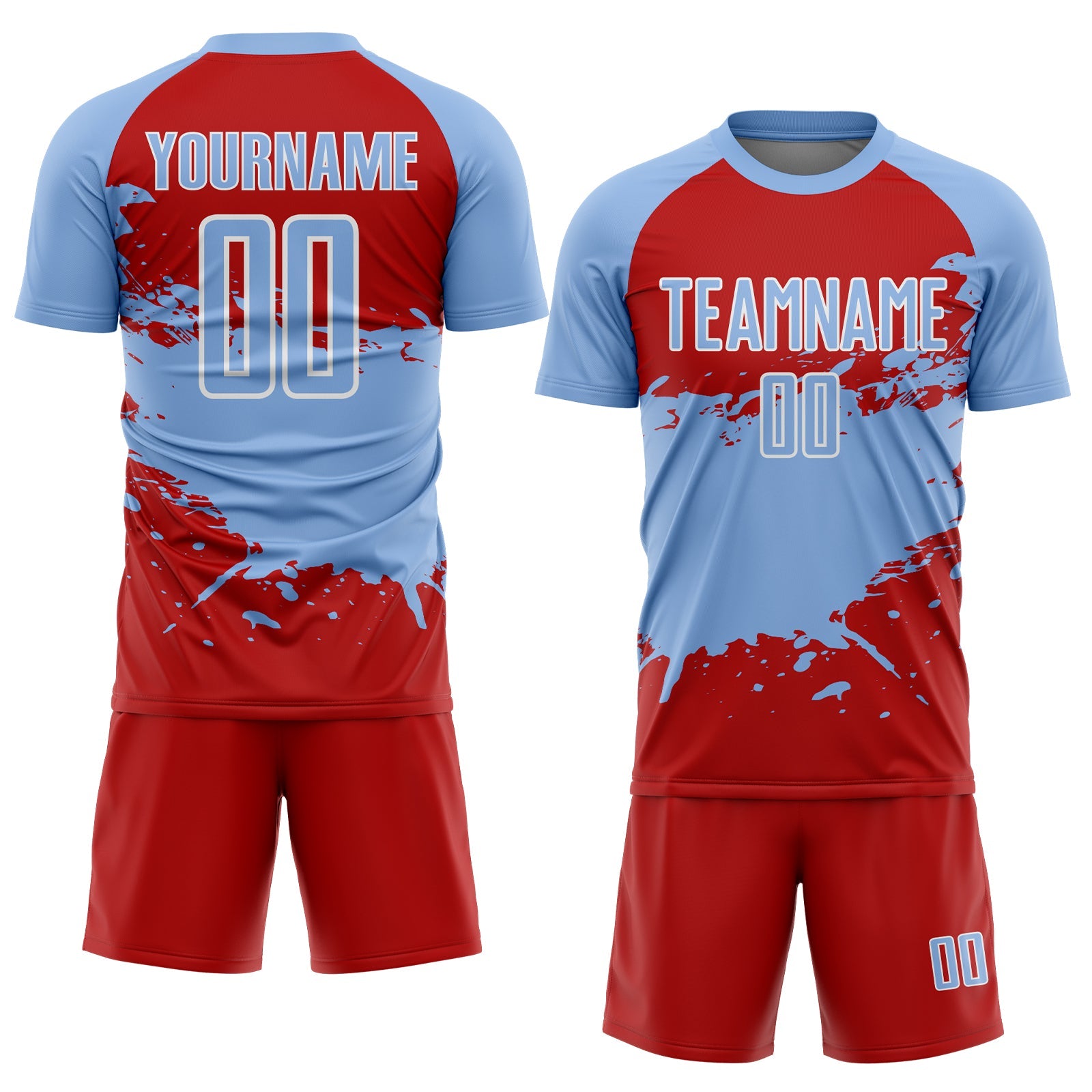 Custom Light Blue Red-White Splash Color Block Sublimation Soccer Uniform Jersey view 2