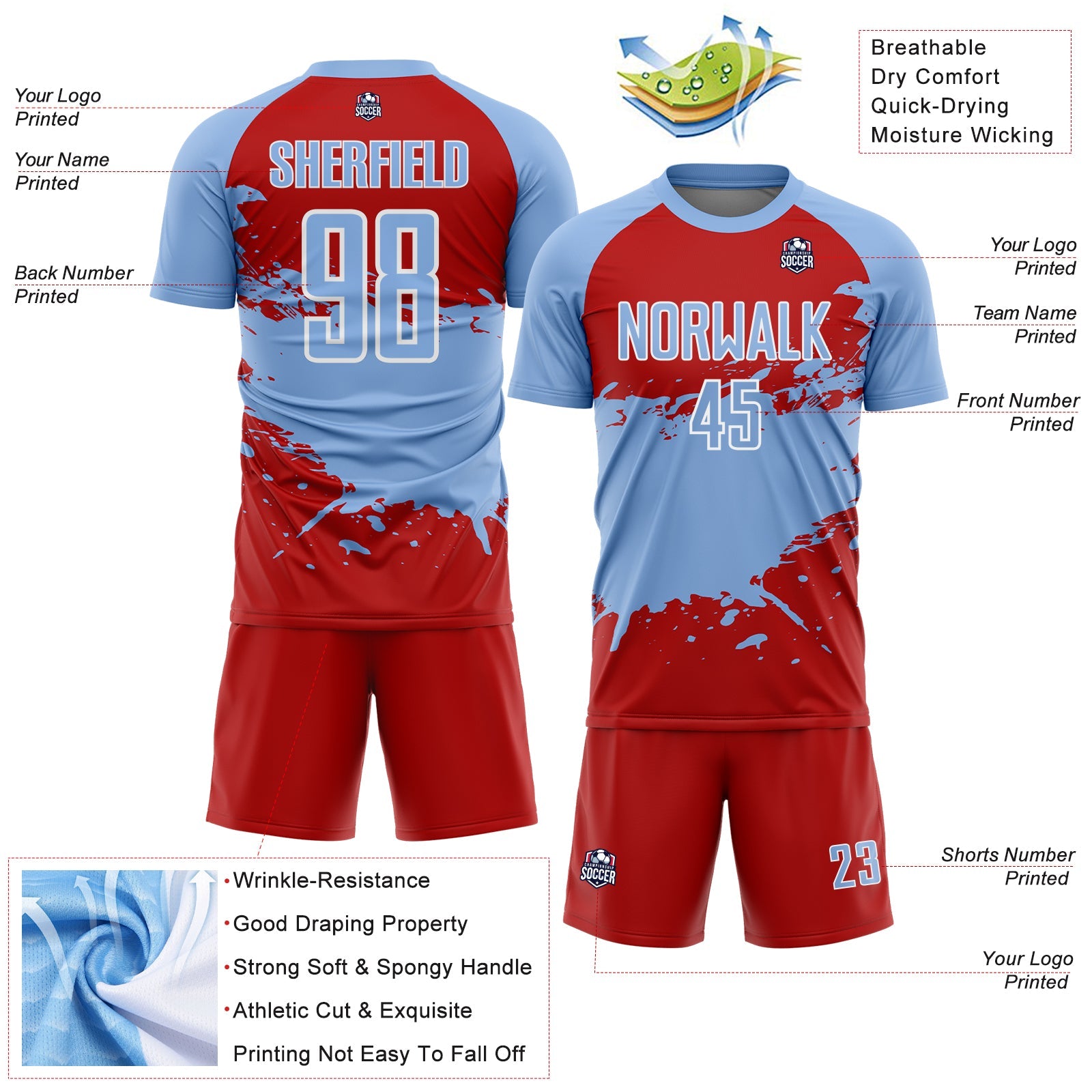 Custom Light Blue Red-White Splash Color Block Sublimation Soccer Uniform Jersey view 4