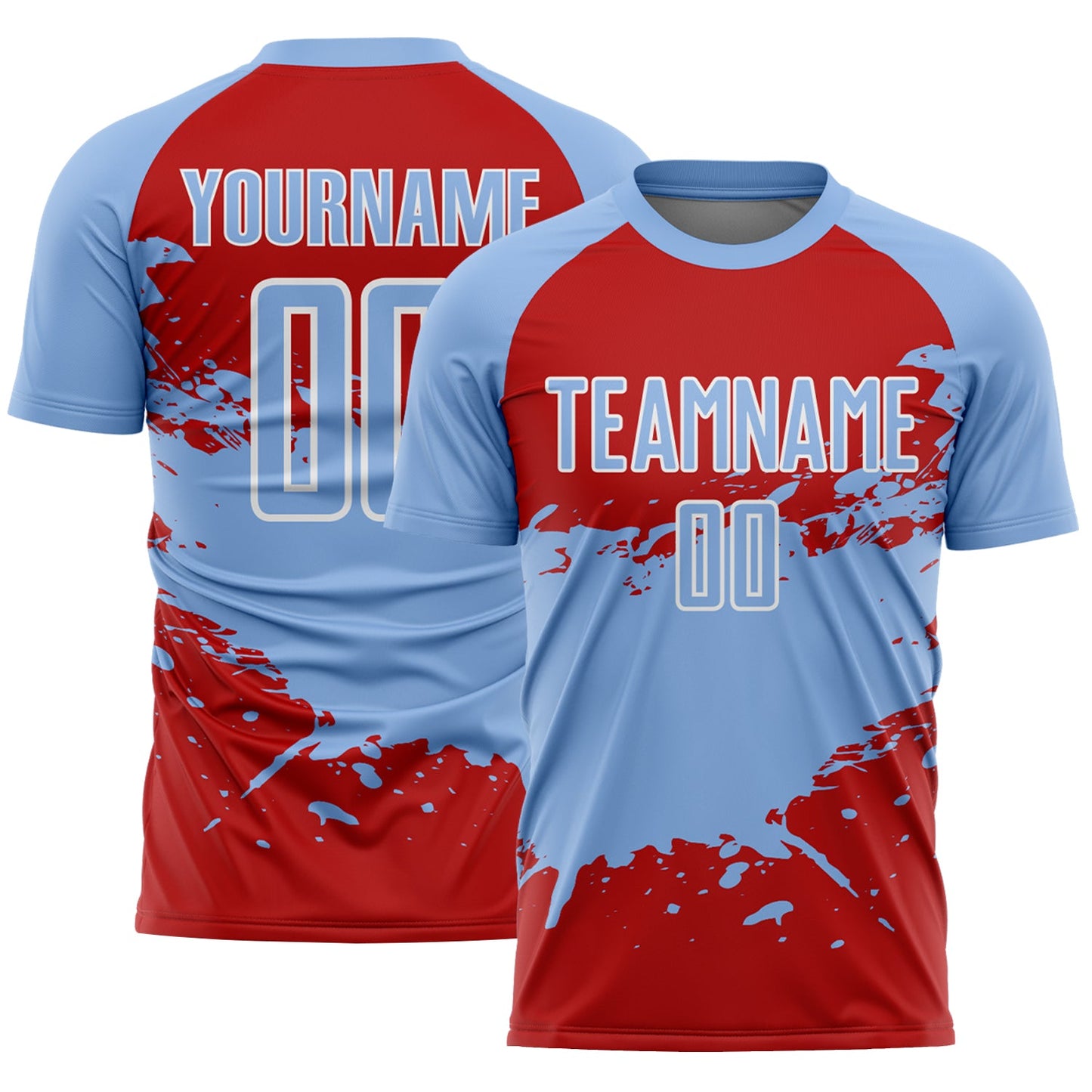 Custom Light Blue Red-White Splash Color Block Sublimation Soccer Uniform Jersey - Main View