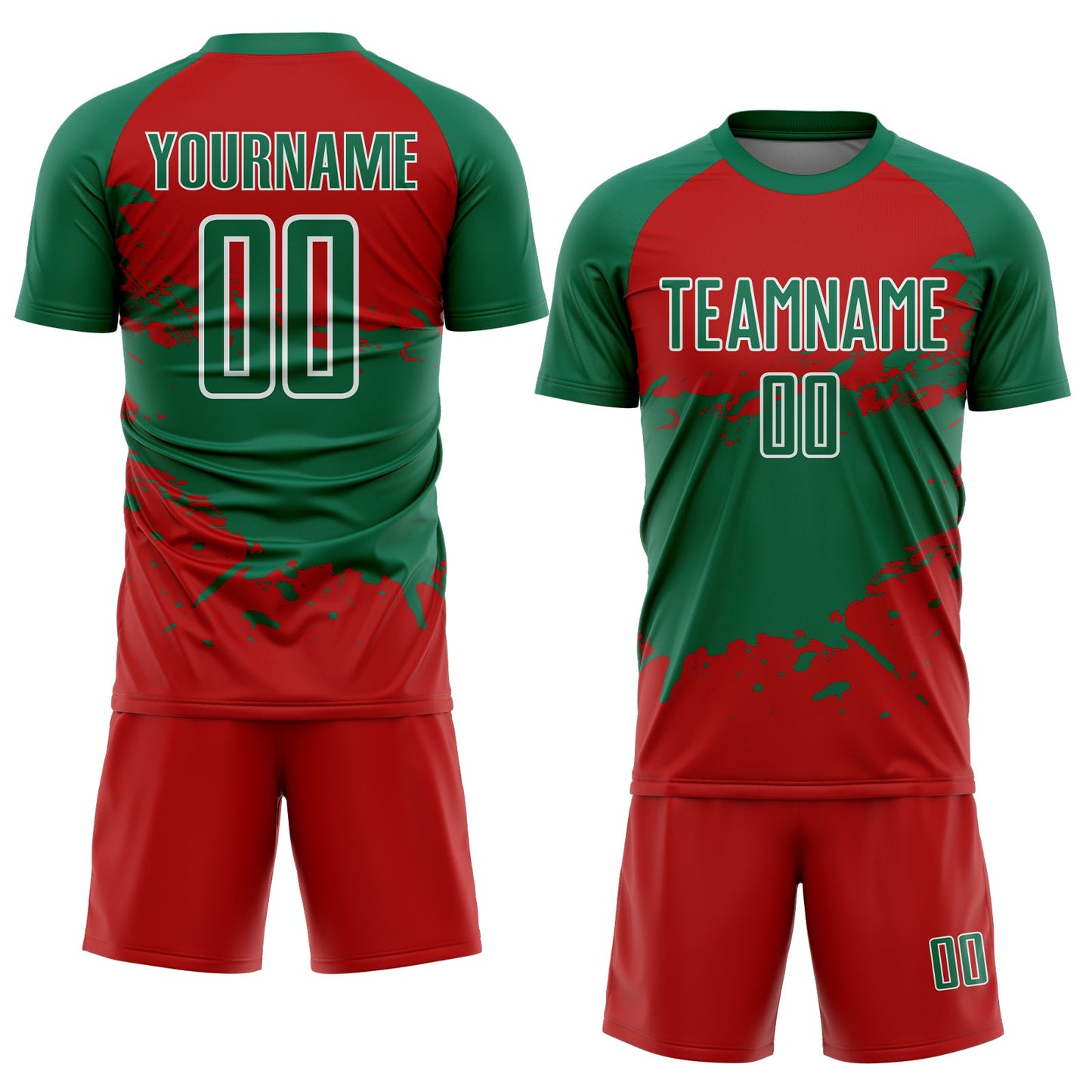 Custom Kelly Green Red-White Splash Color Block Sublimation Soccer Uniform Jersey view 2