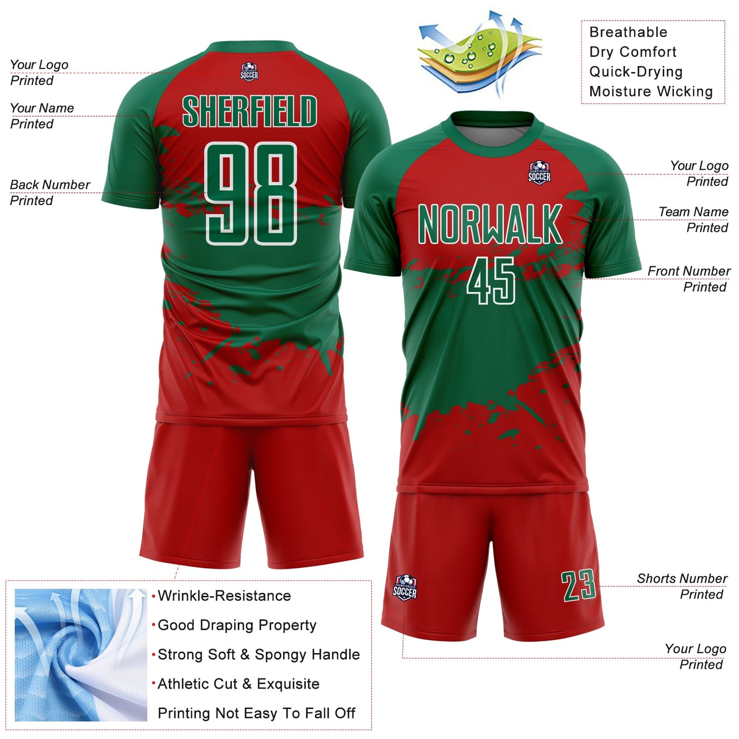 Custom Kelly Green Red-White Splash Color Block Sublimation Soccer Uniform Jersey view 4