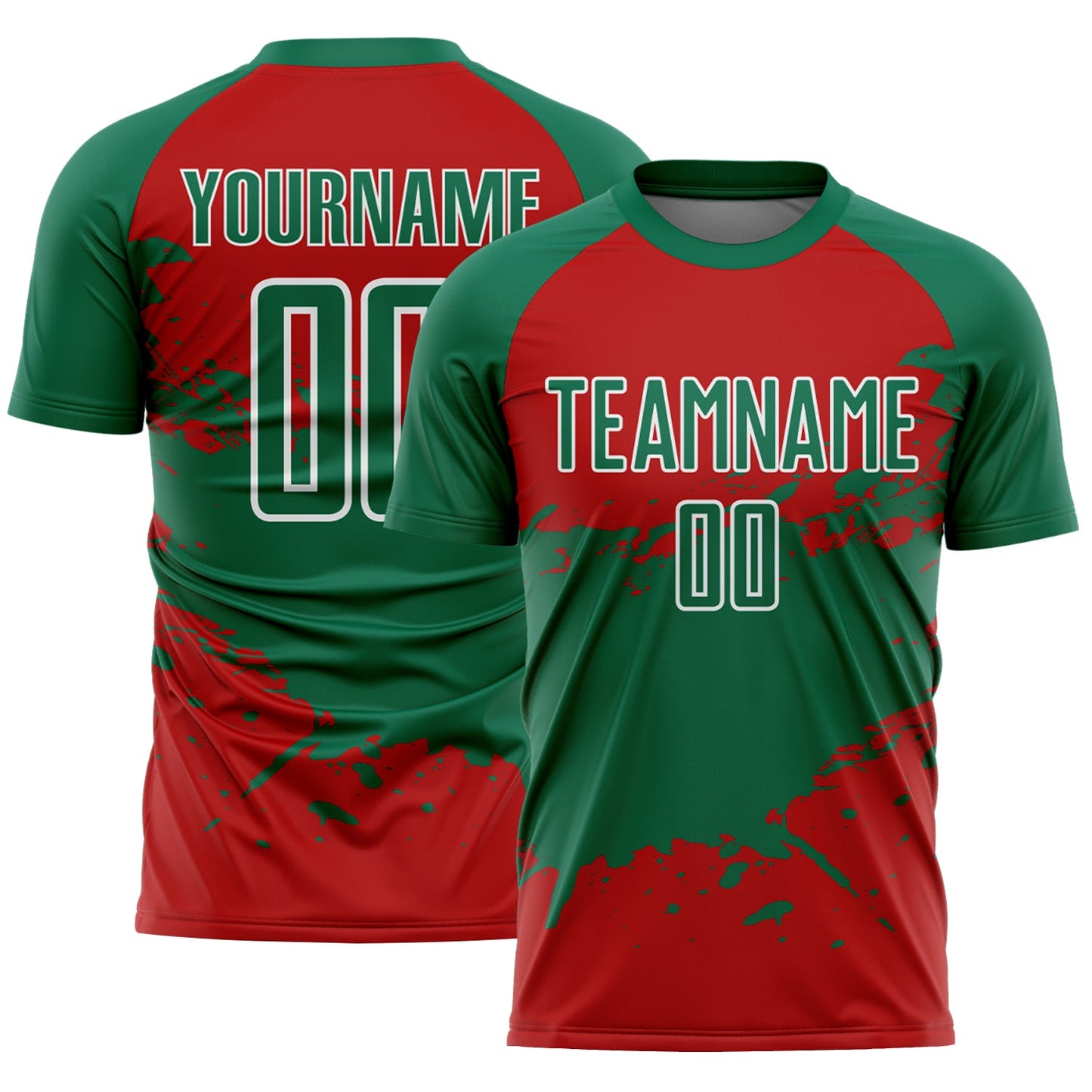 Custom Kelly Green Red-White Splash Color Block Sublimation Soccer Uniform Jersey - Main View