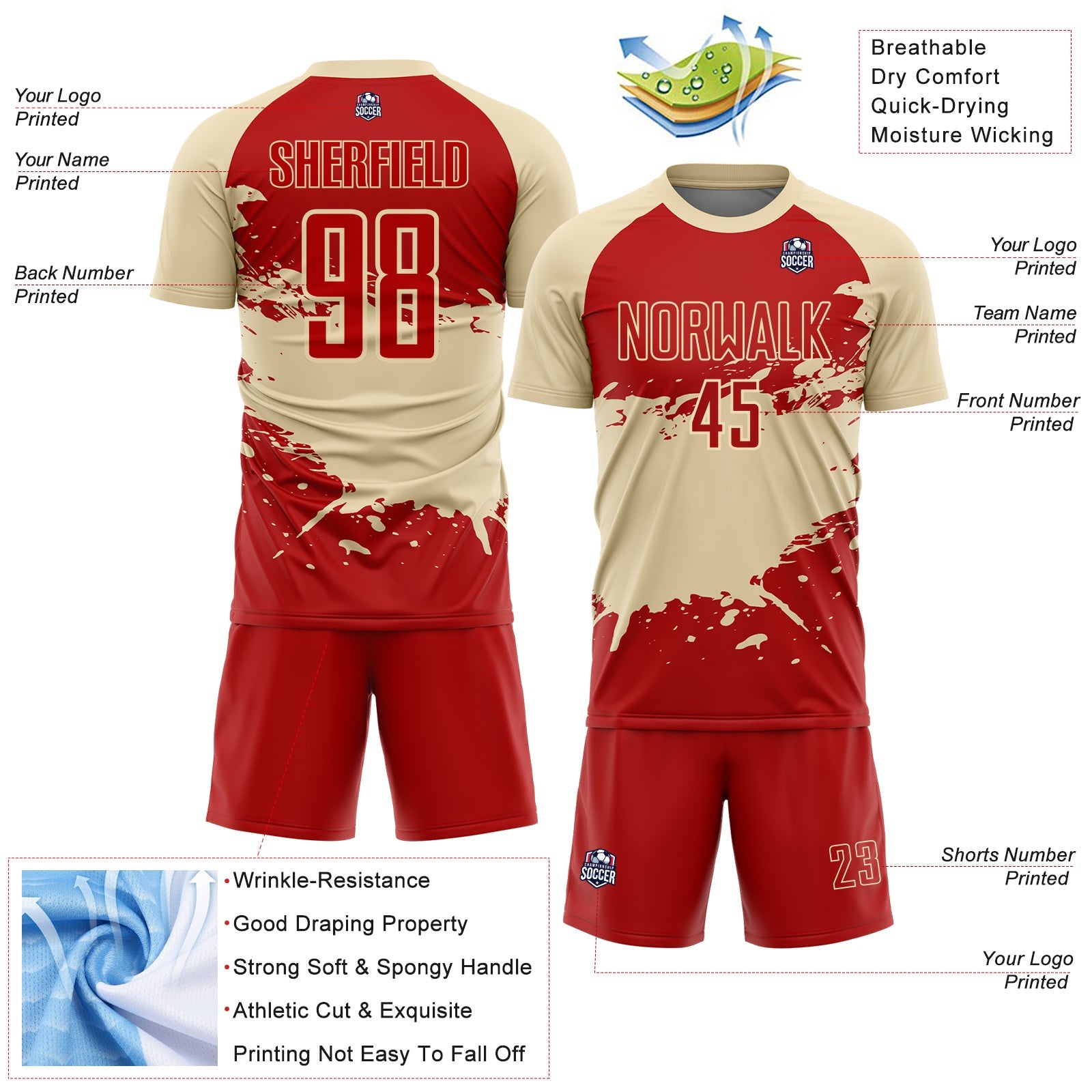 Custom Cream-Red Splash Color Block Sublimation Soccer Uniform Jersey view 4