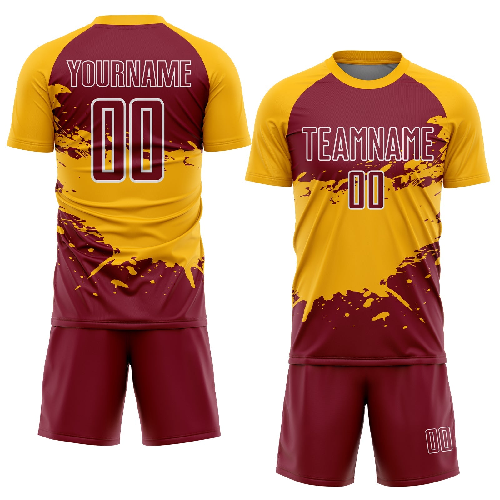 Custom Gold Crimson-White Splash Color Block Sublimation Soccer Uniform Jersey view 2