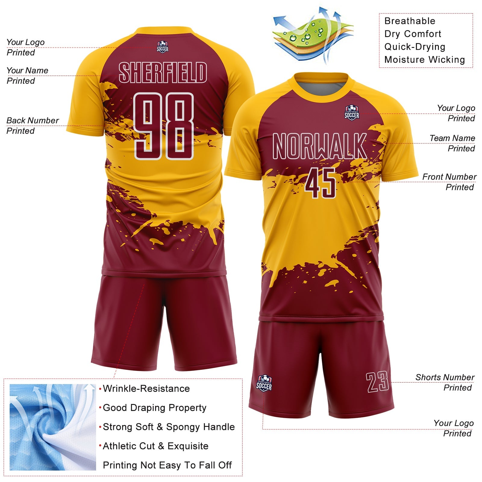 Custom Gold Crimson-White Splash Color Block Sublimation Soccer Uniform Jersey view 4
