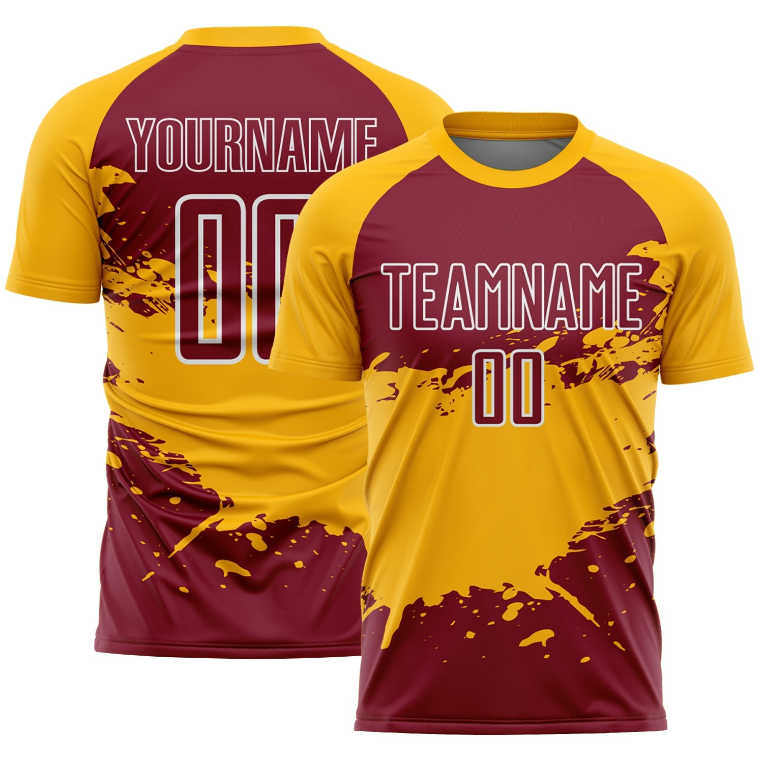 Custom Gold Crimson-White Splash Color Block Sublimation Soccer Uniform Jersey - Main View