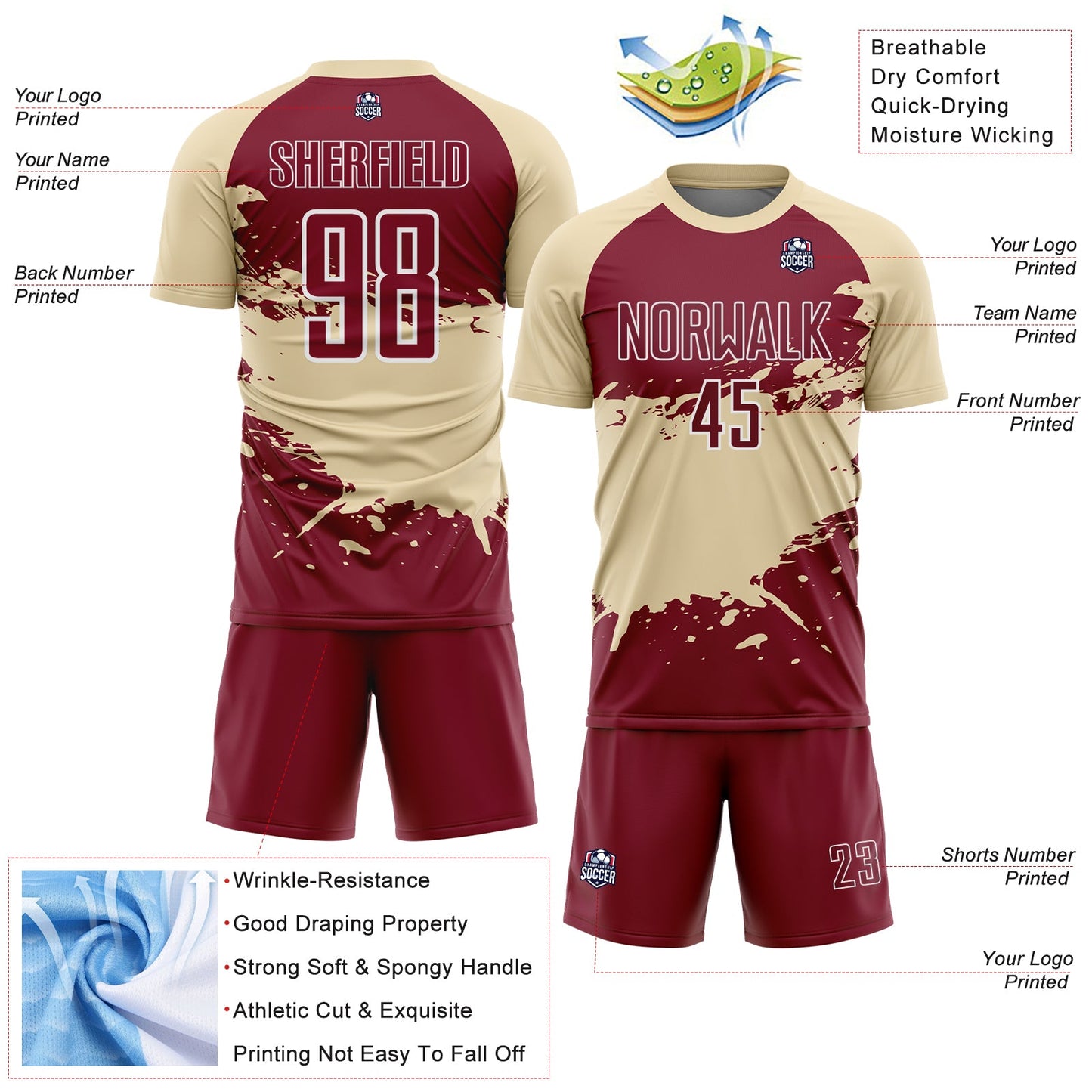 Custom Cream Crimson-White Splash Color Block Sublimation Soccer Uniform Jersey view 4