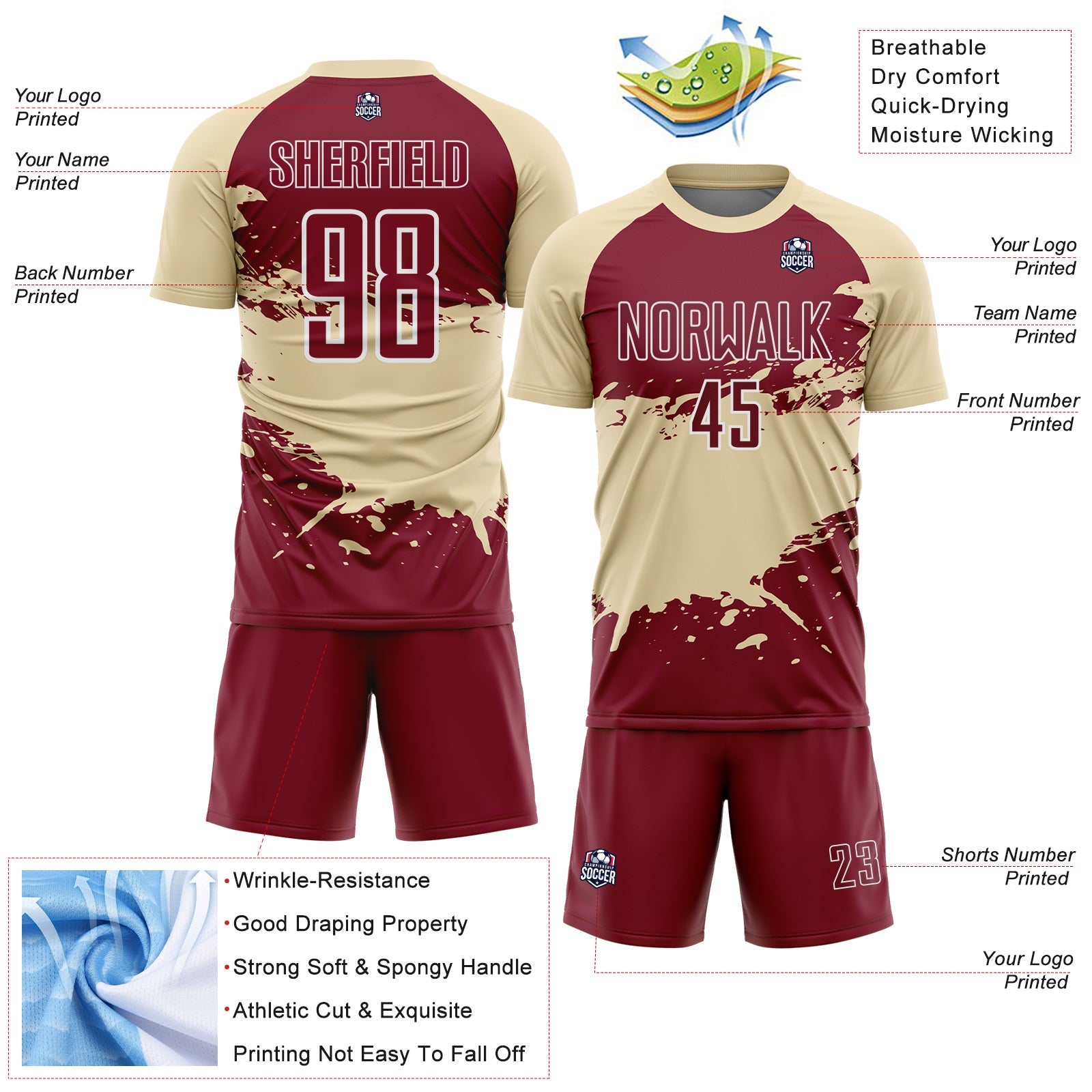 Custom Cream Crimson-White Splash Color Block Sublimation Soccer Uniform Jersey view 4