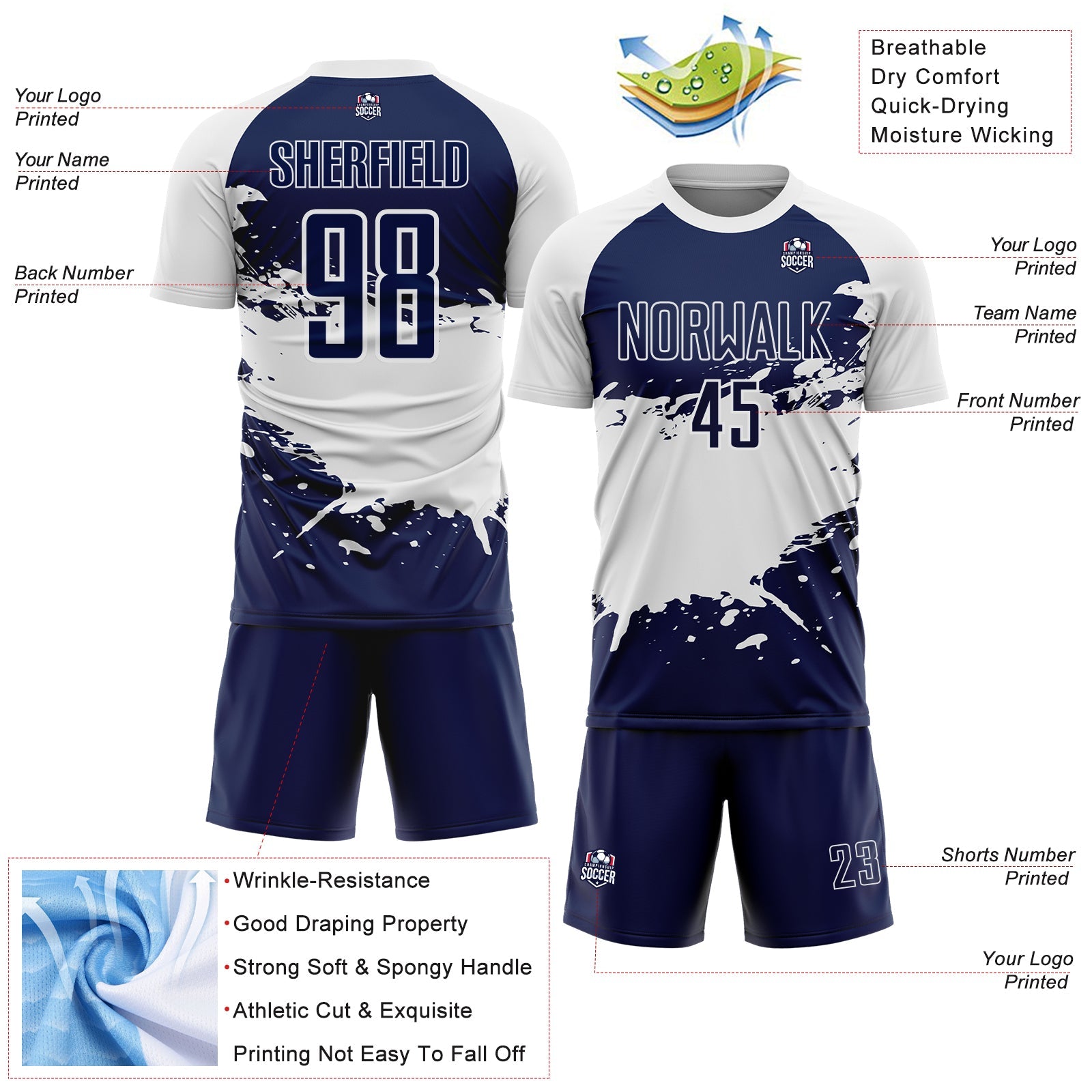 Custom White-Navy Splash Color Block Sublimation Soccer Uniform Jersey view 4