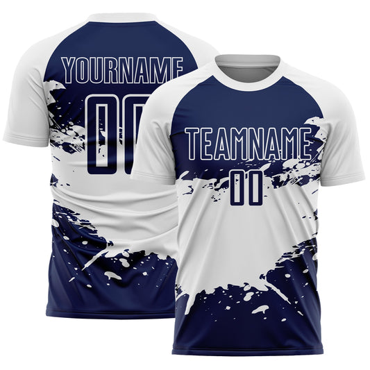 Custom White-Navy Splash Color Block Sublimation Soccer Uniform Jersey - Main View
