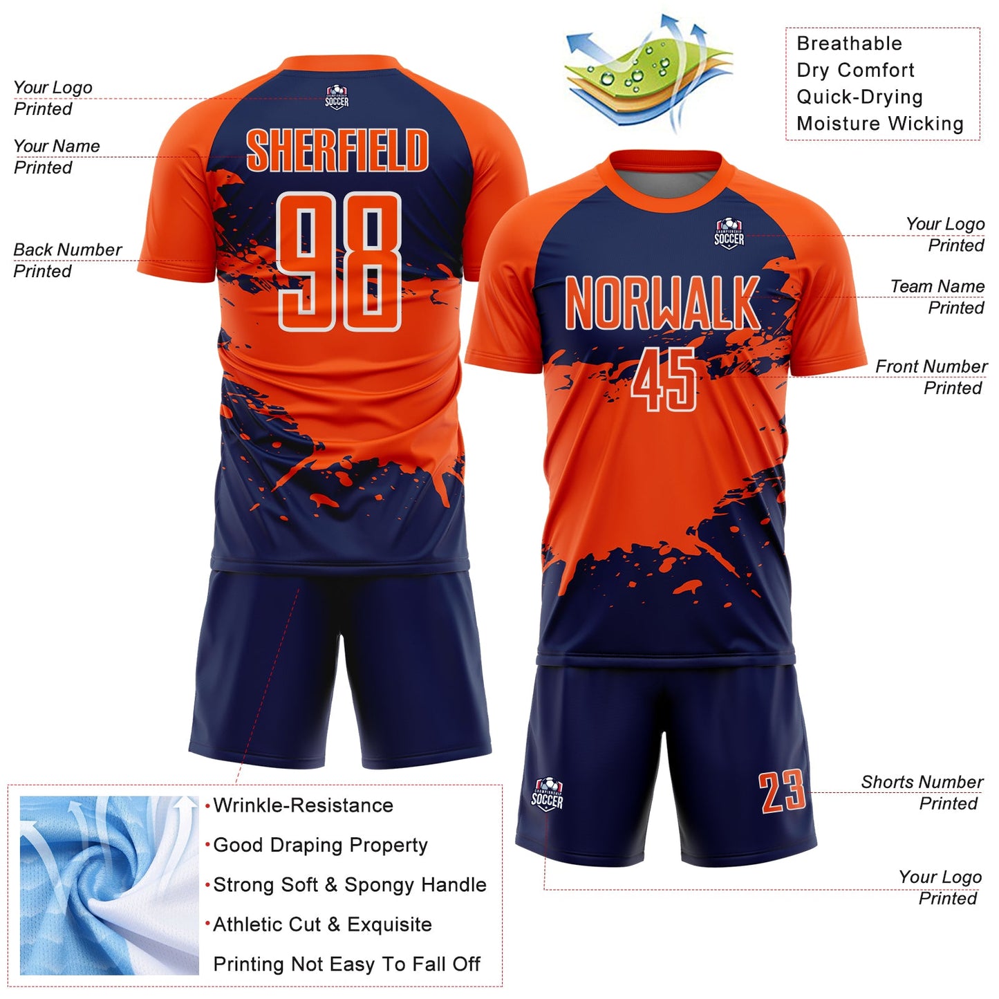 Custom Orange Navy-White Splash Color Block Sublimation Soccer Uniform Jersey view 4