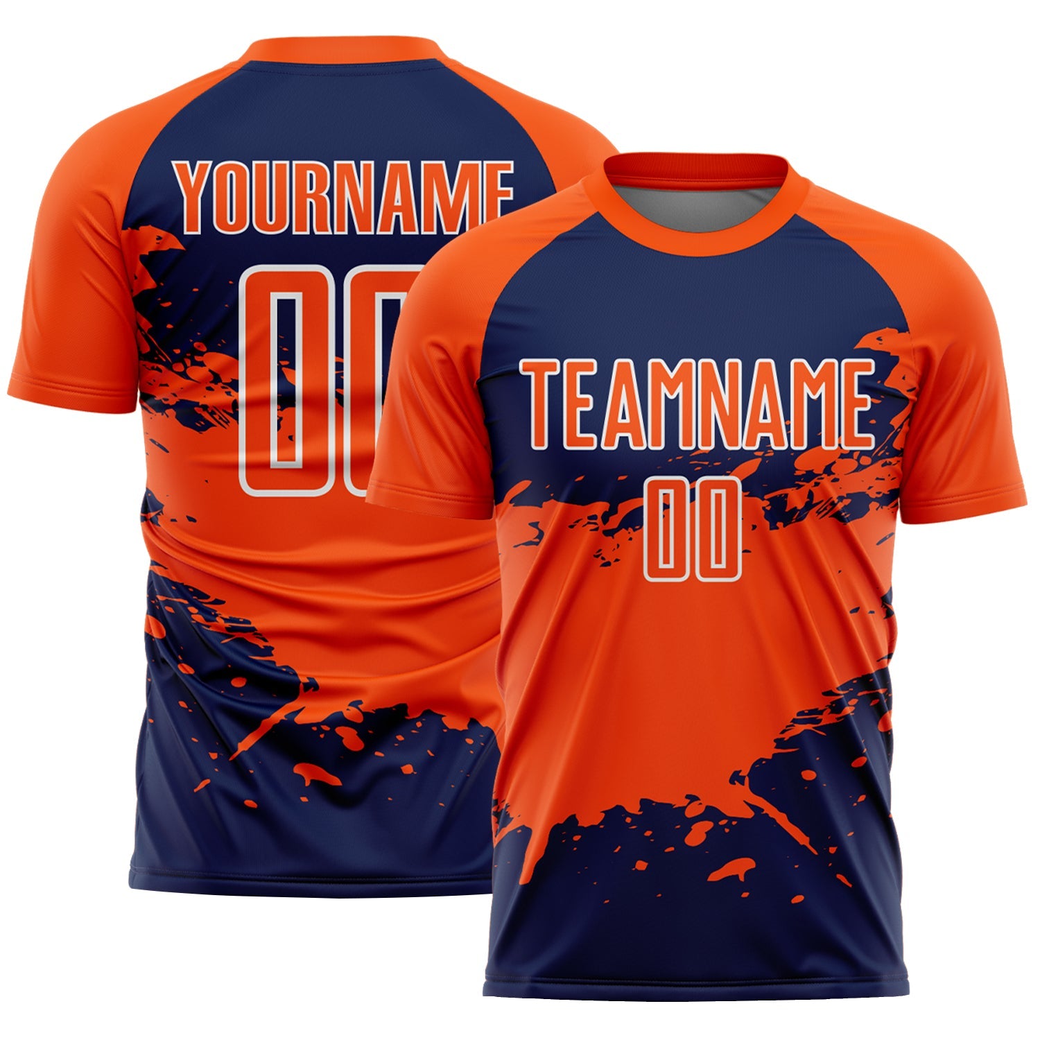 Custom Orange Navy-White Splash Color Block Sublimation Soccer Uniform Jersey - Main View