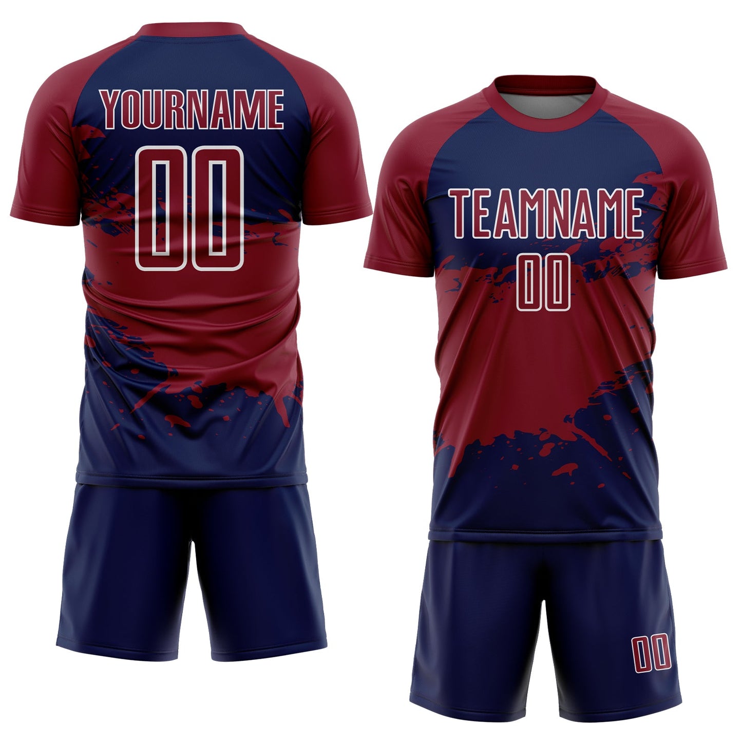 Custom Crimson Navy-White Splash Color Block Sublimation Soccer Uniform Jersey view 2