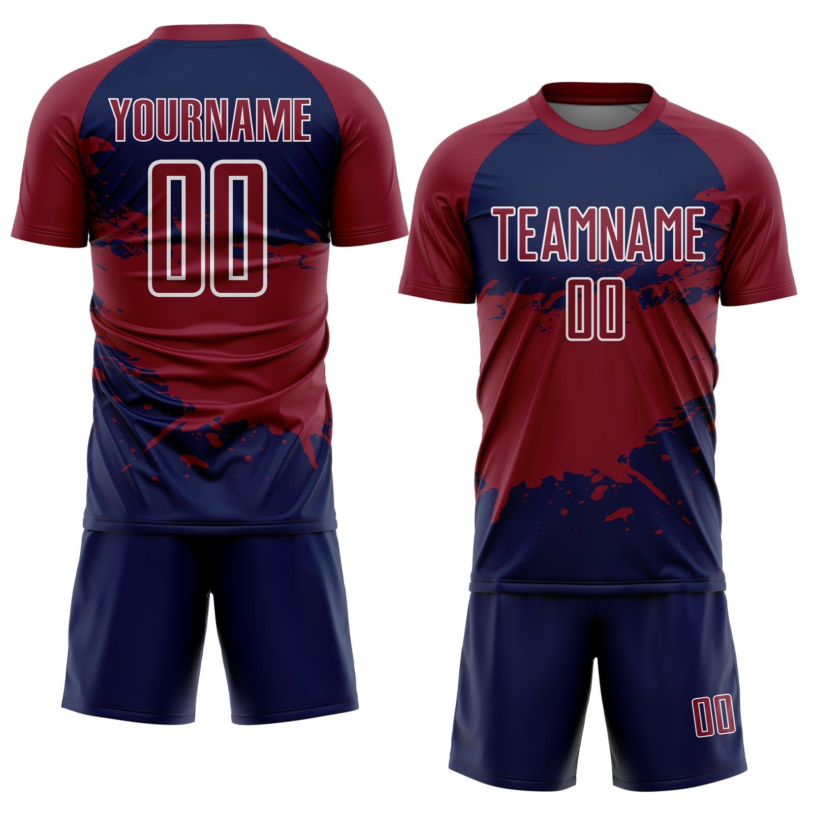 Custom Crimson Navy-White Splash Color Block Sublimation Soccer Uniform Jersey view 2