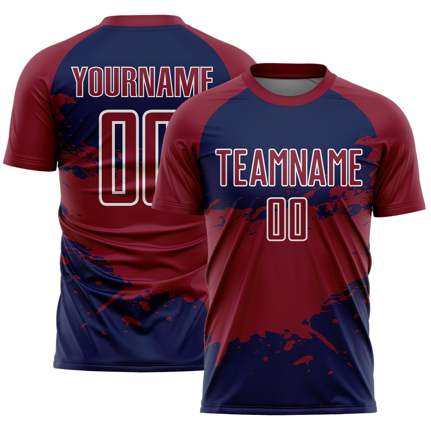 Custom Crimson Navy-White Splash Color Block Sublimation Soccer Uniform Jersey - Main View