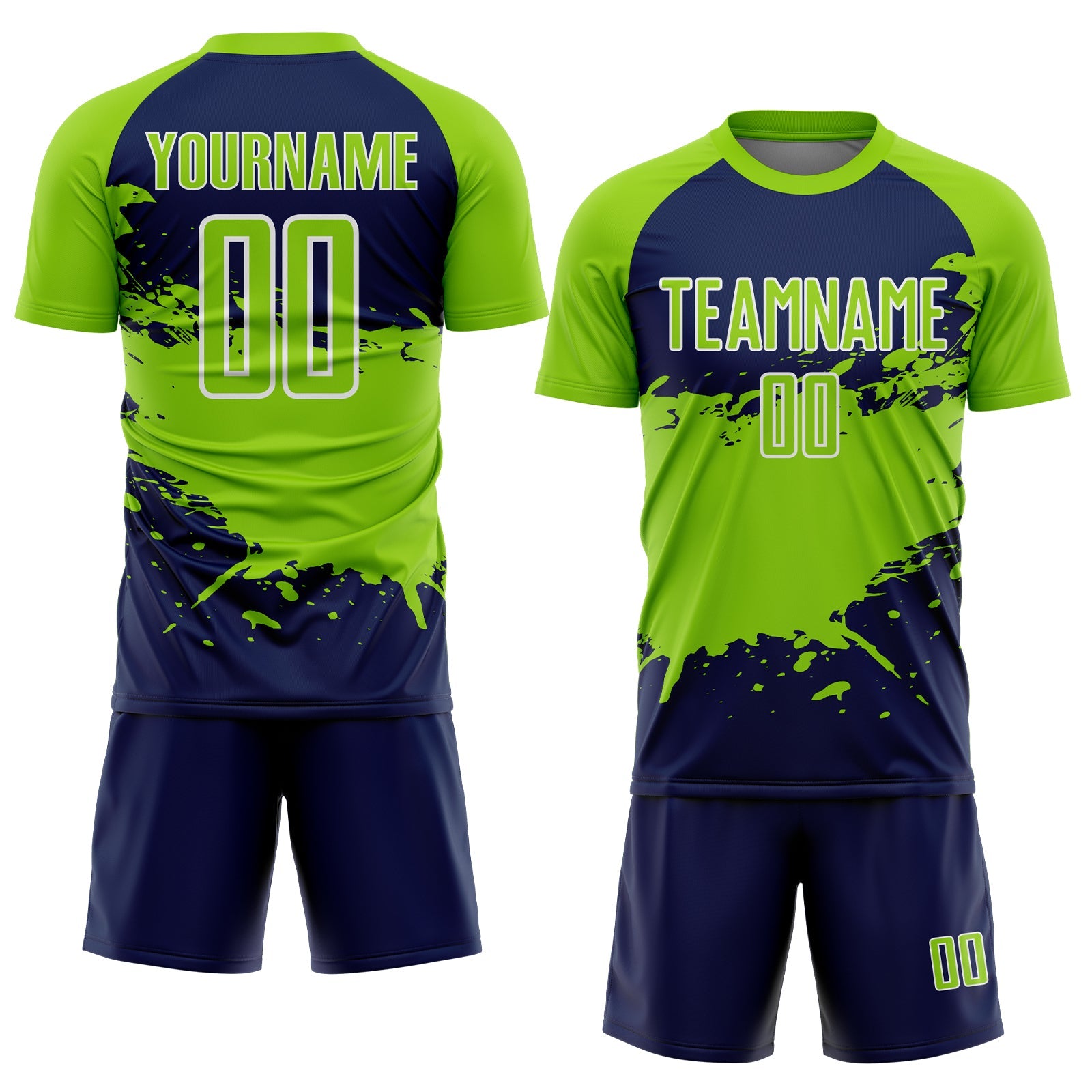 Custom Neon Green Navy-White Splash Color Block Sublimation Soccer Uniform Jersey view 2