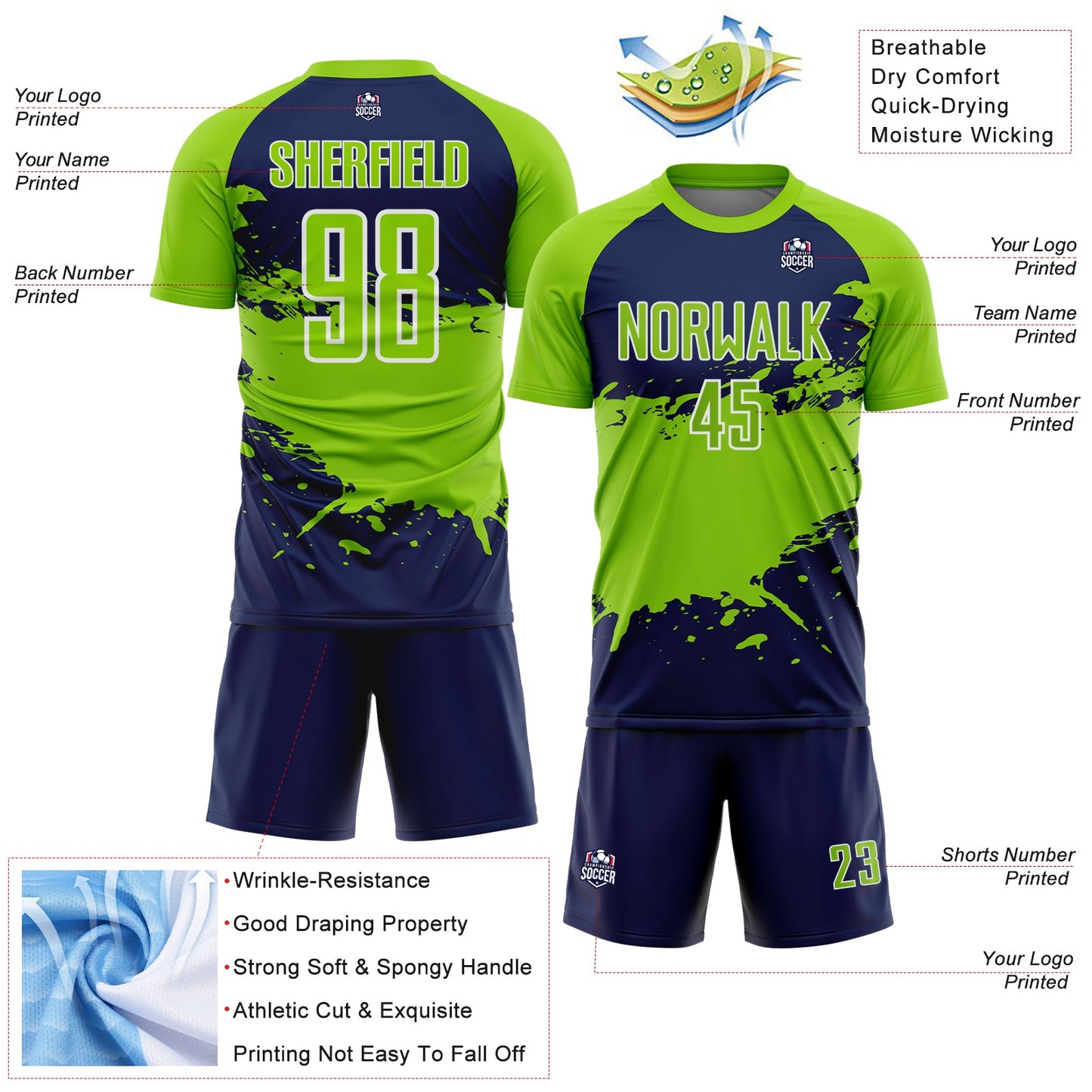 Custom Neon Green Navy-White Splash Color Block Sublimation Soccer Uniform Jersey view 4
