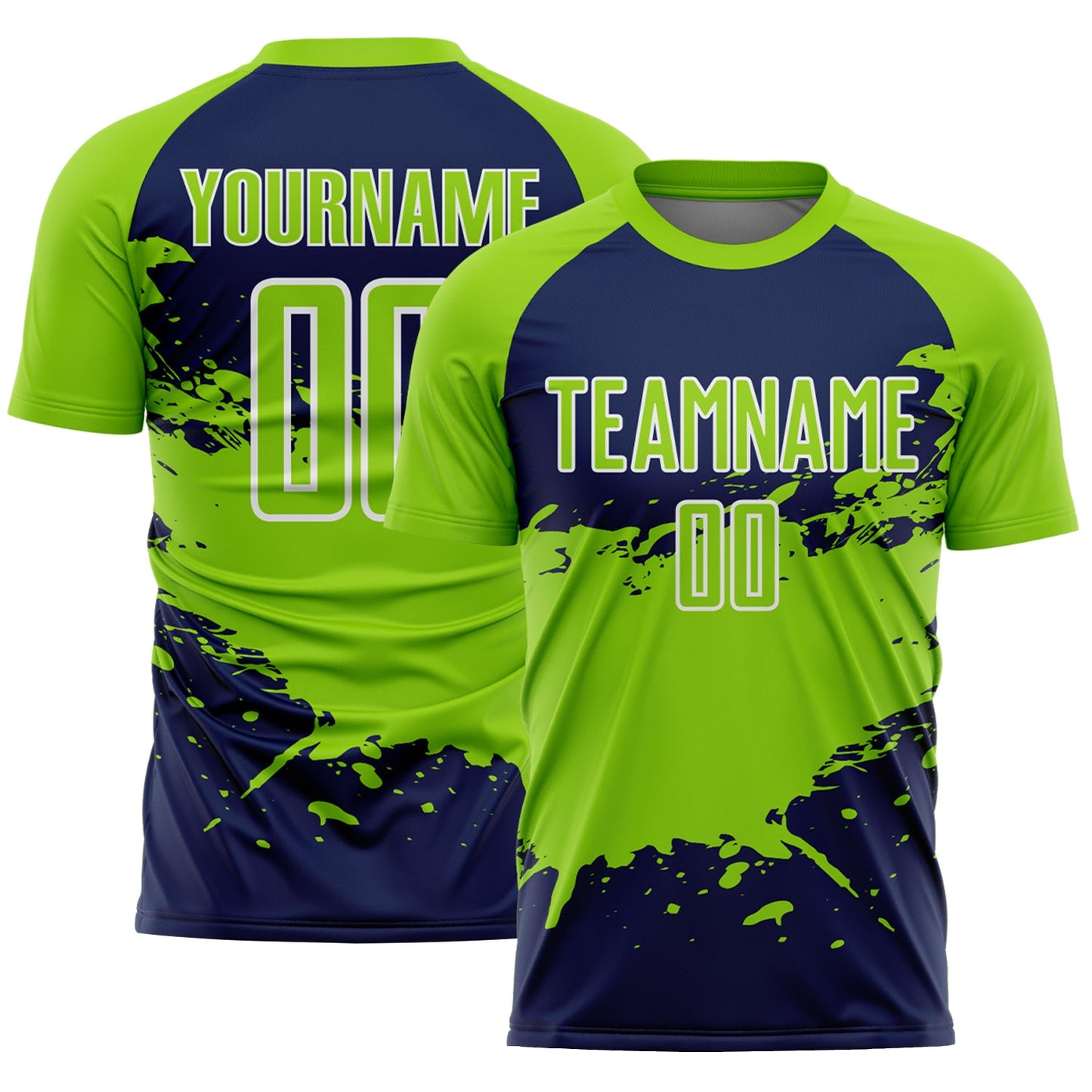 Custom Neon Green Navy-White Splash Color Block Sublimation Soccer Uniform Jersey - Main View