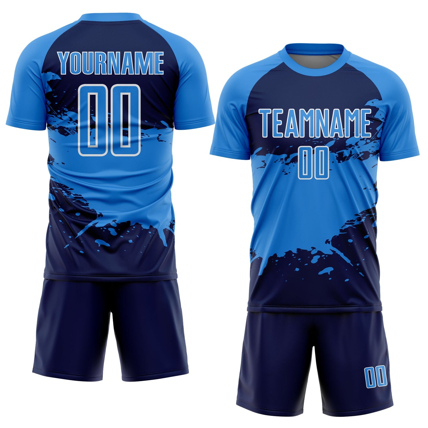Custom Powder Blue Navy-White Splash Color Block Sublimation Soccer Uniform Jersey view 2