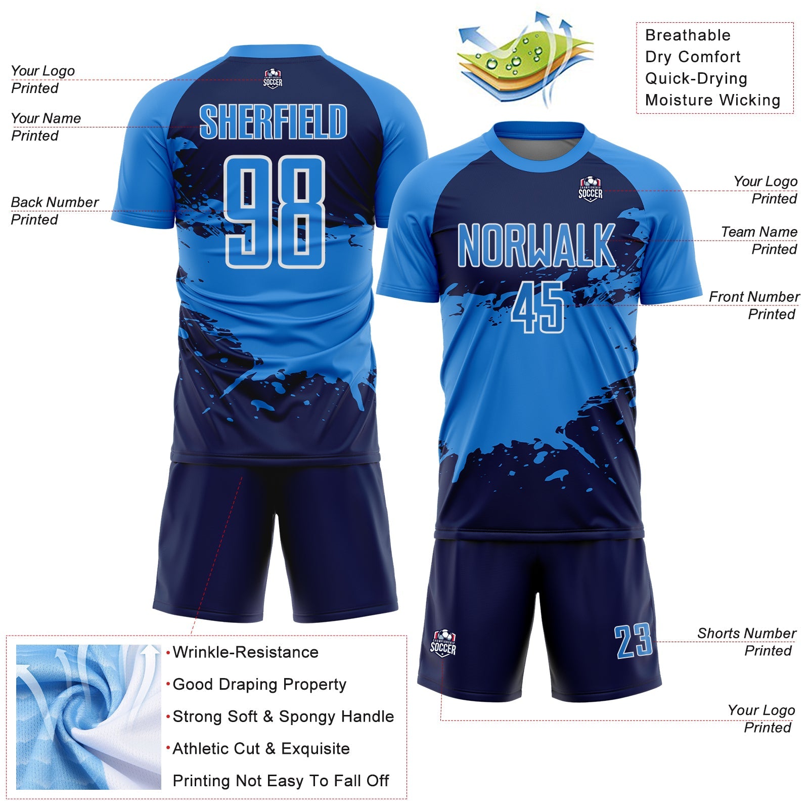 Custom Powder Blue Navy-White Splash Color Block Sublimation Soccer Uniform Jersey view 4