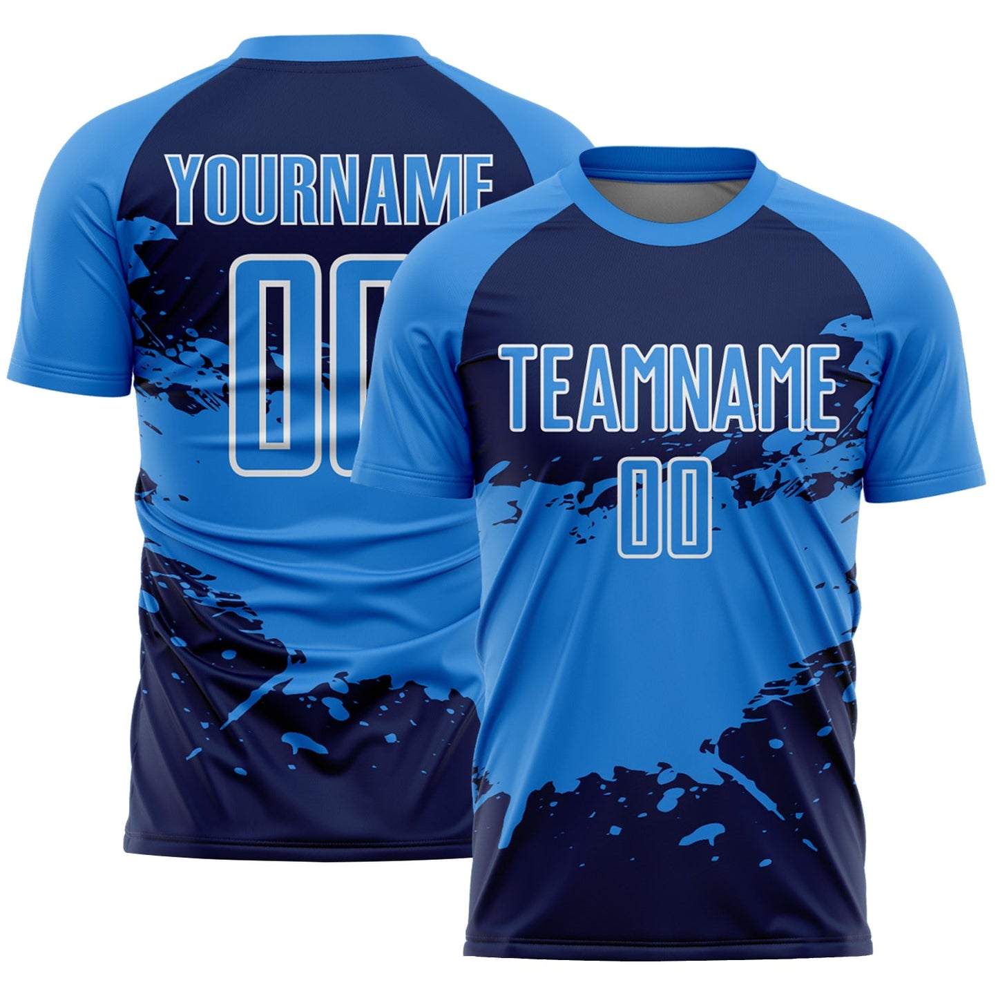 Custom Powder Blue Navy-White Splash Color Block Sublimation Soccer Uniform Jersey - Main View