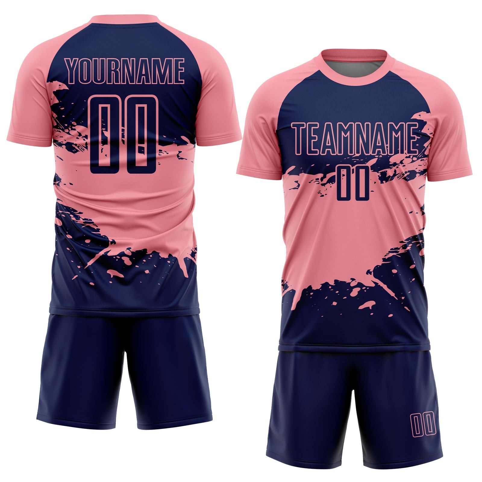 Custom Medium Pink-Navy Splash Color Block Sublimation Soccer Uniform Jersey view 2