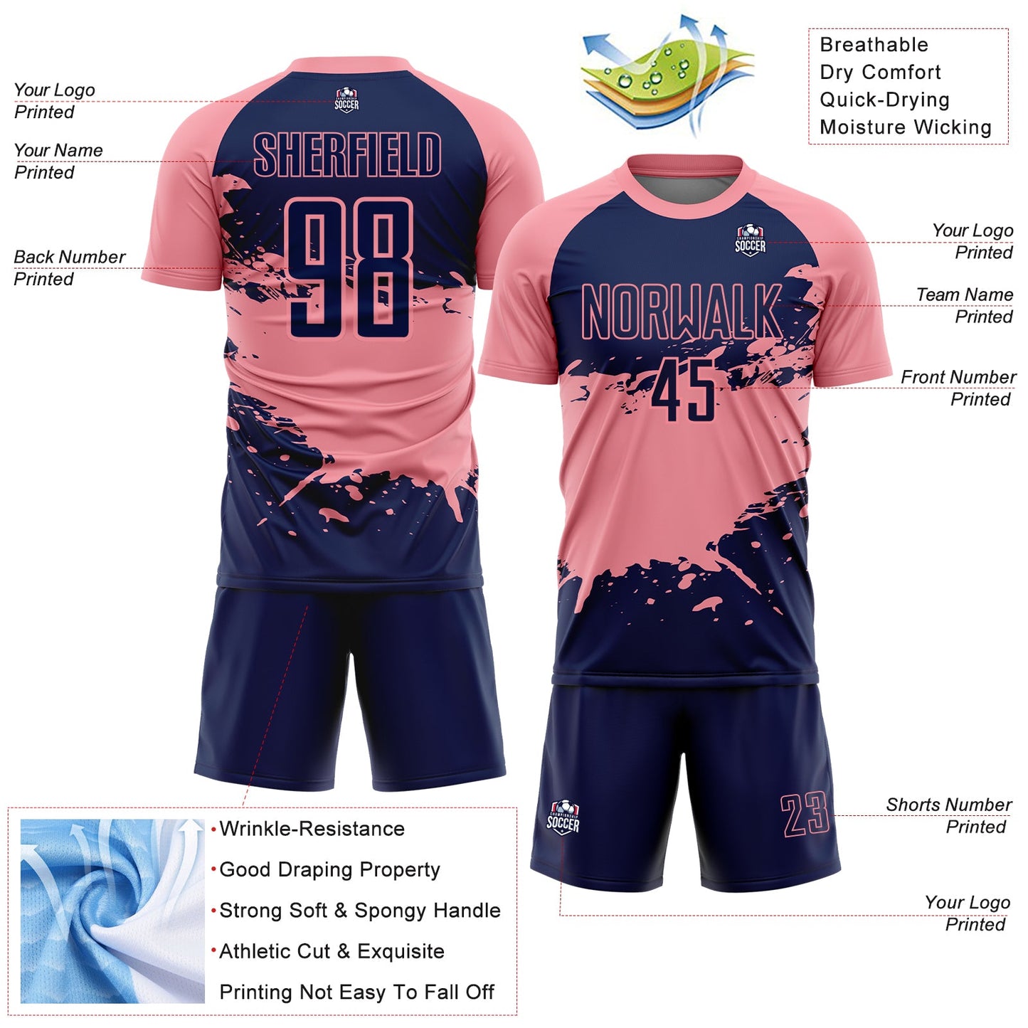 Custom Medium Pink-Navy Splash Color Block Sublimation Soccer Uniform Jersey view 4