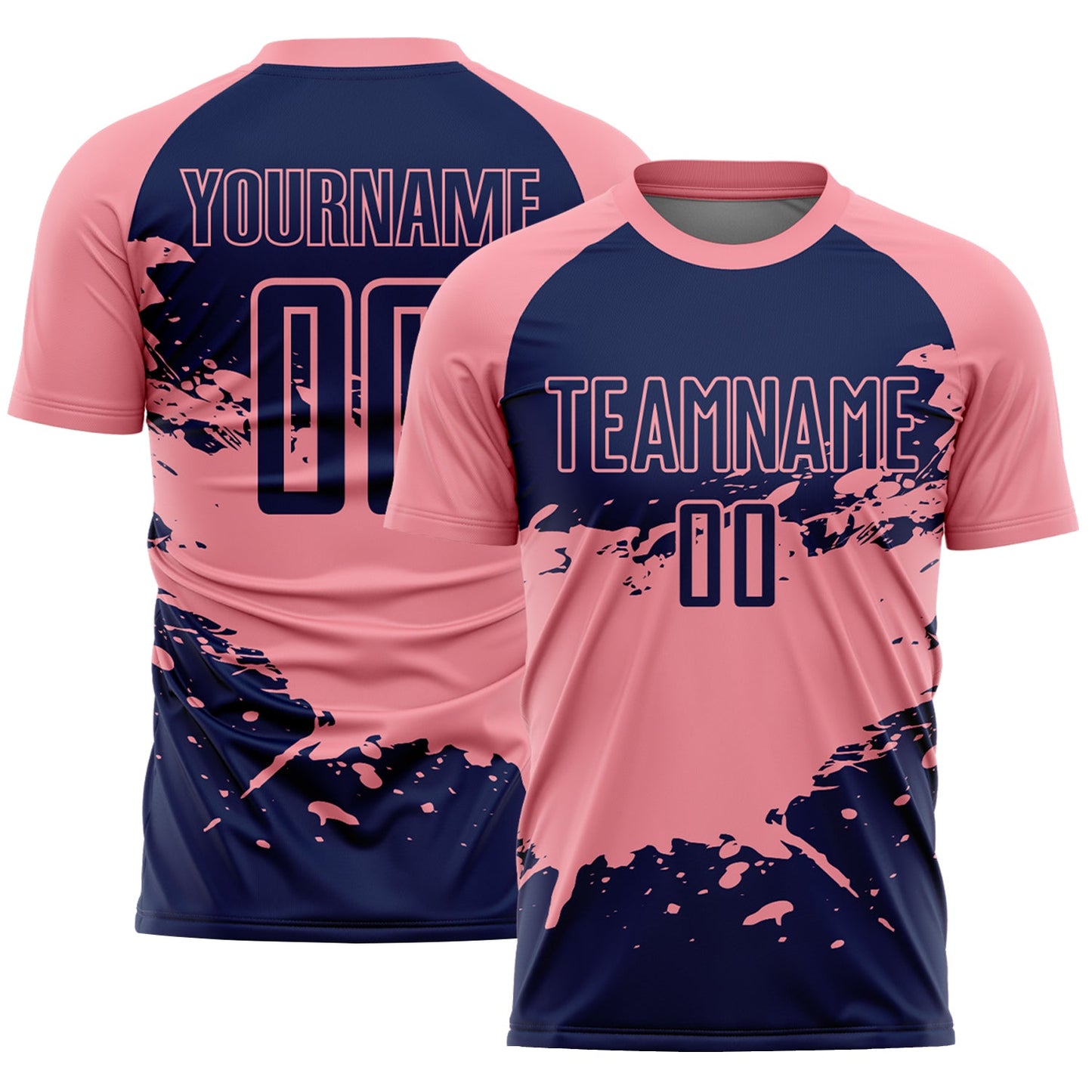 Custom Medium Pink-Navy Splash Color Block Sublimation Soccer Uniform Jersey - Main View