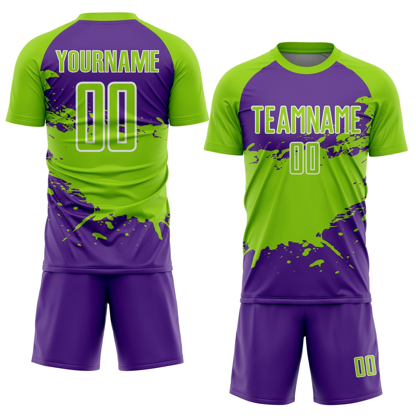 Custom Neon Green Purple-White Splash Color Block Sublimation Soccer Uniform Jersey view 2