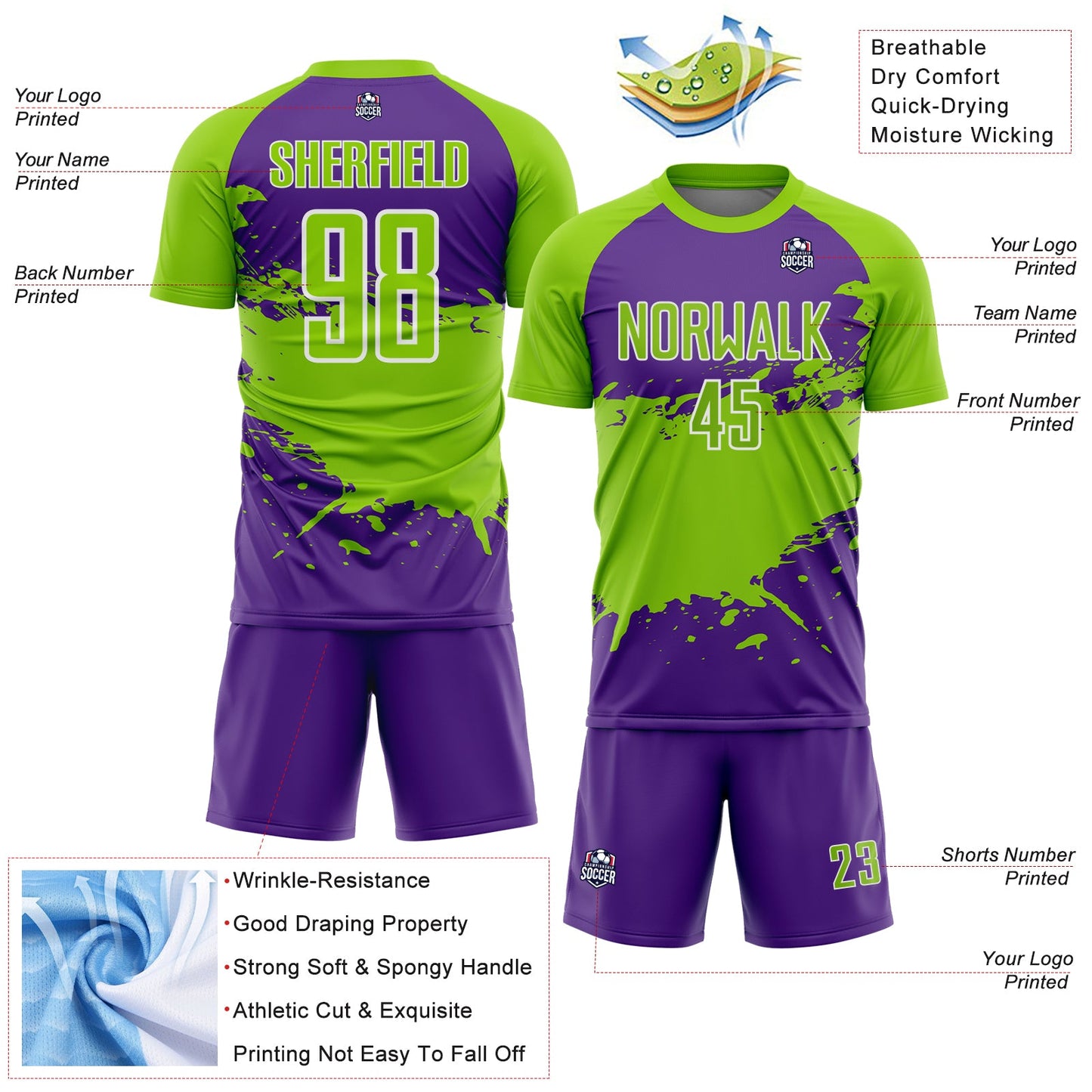 Custom Neon Green Purple-White Splash Color Block Sublimation Soccer Uniform Jersey view 4