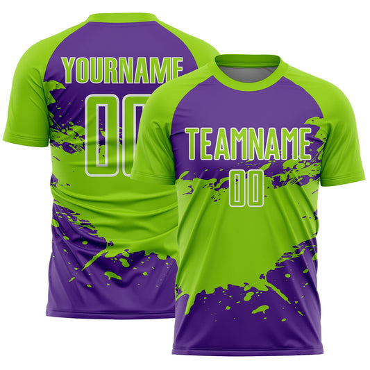 Custom Neon Green Purple-White Splash Color Block Sublimation Soccer Uniform Jersey - Main View