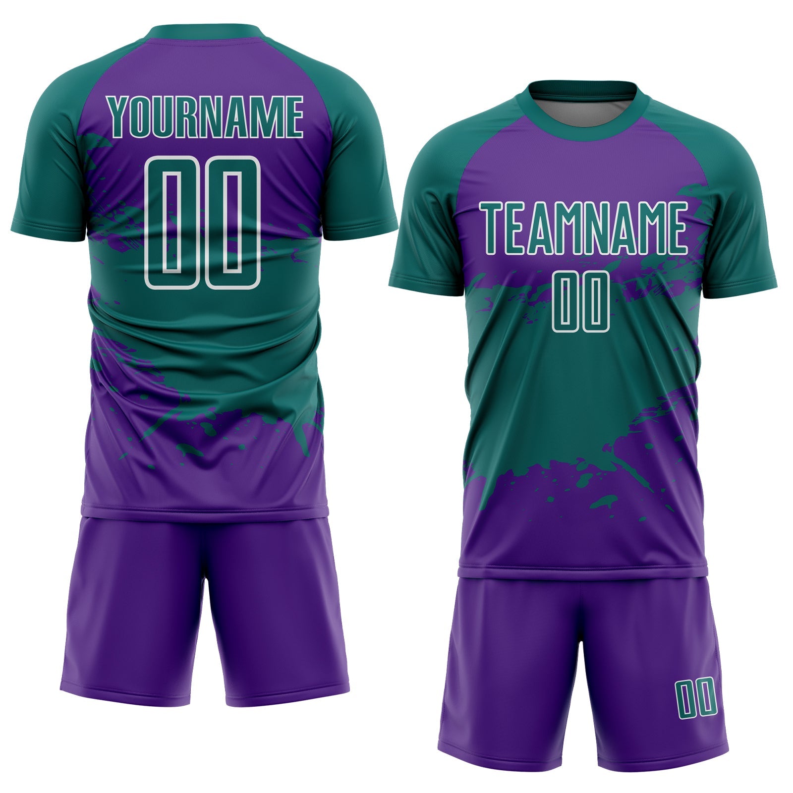 Custom Teal Purple-White Splash Color Block Sublimation Soccer Uniform Jersey view 2