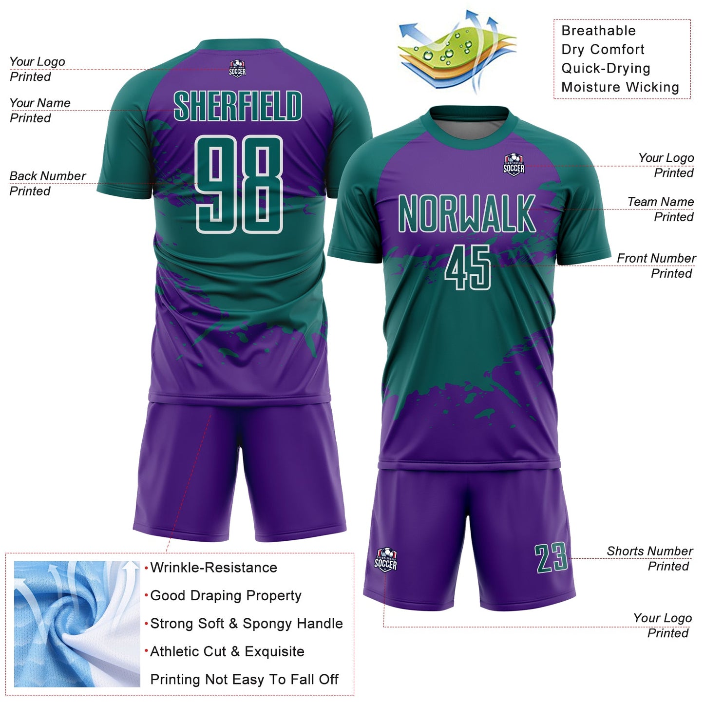 Custom Teal Purple-White Splash Color Block Sublimation Soccer Uniform Jersey view 4